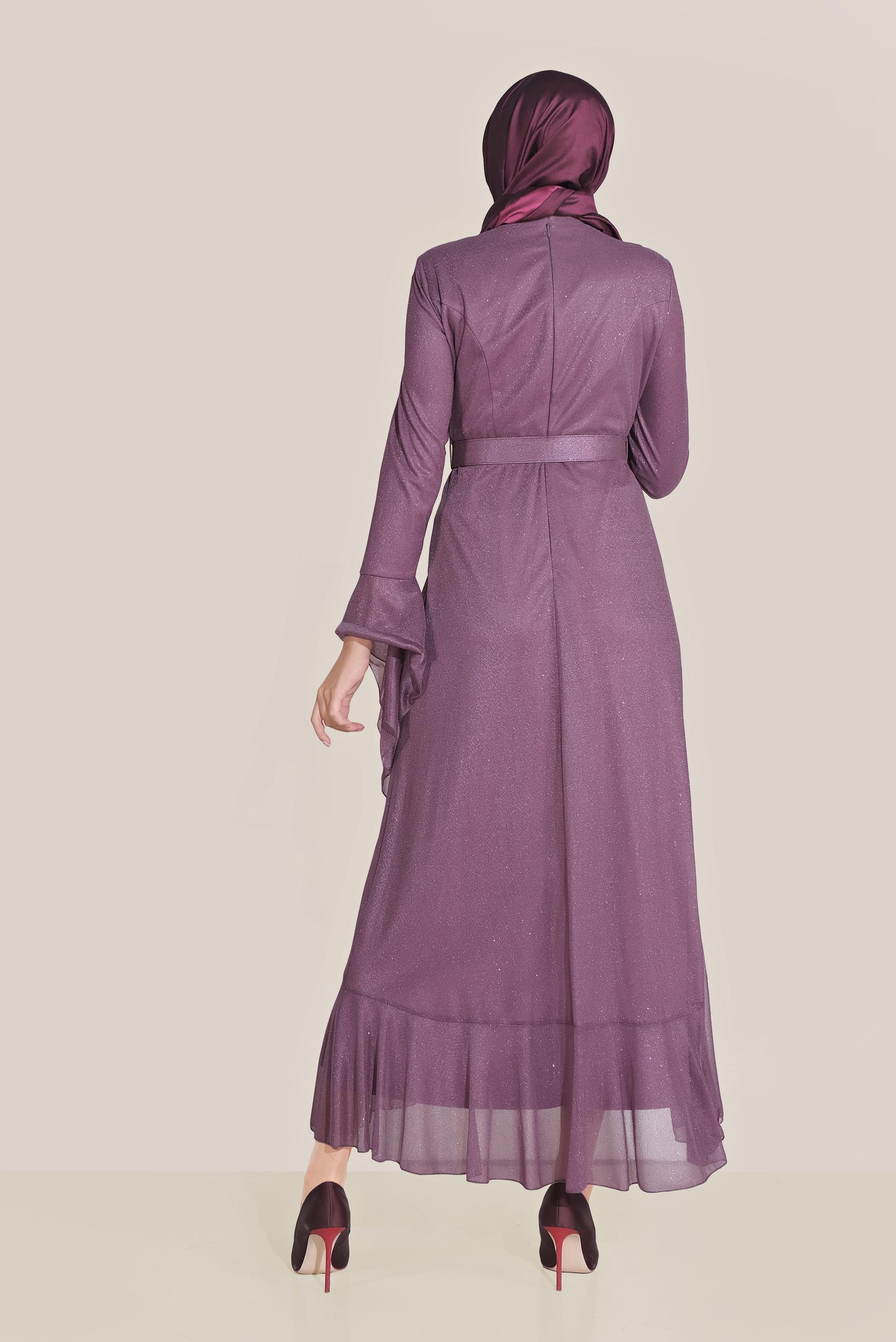 Tesettür giyim MOR TROMPET KOL KEMERLİ DÖKÜMLÜ ELBİSE 40773