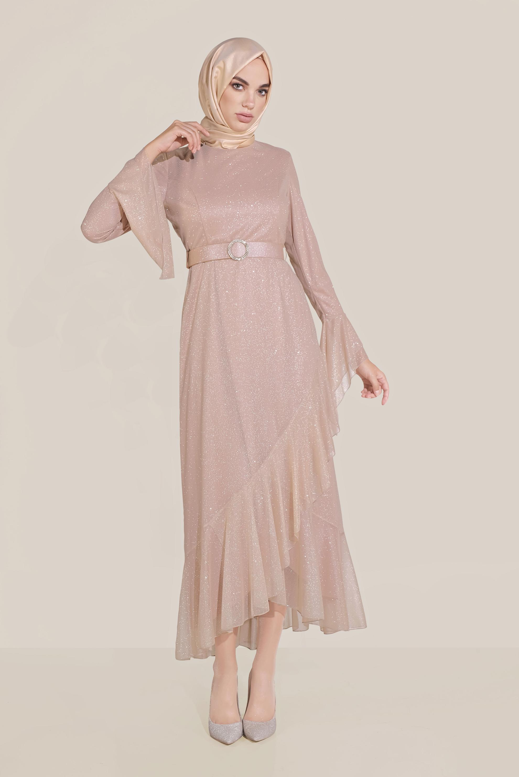 Tesettür giyim ALTIN TROMPET KOL KEMERLİ DÖKÜMLÜ ELBİSE 40773