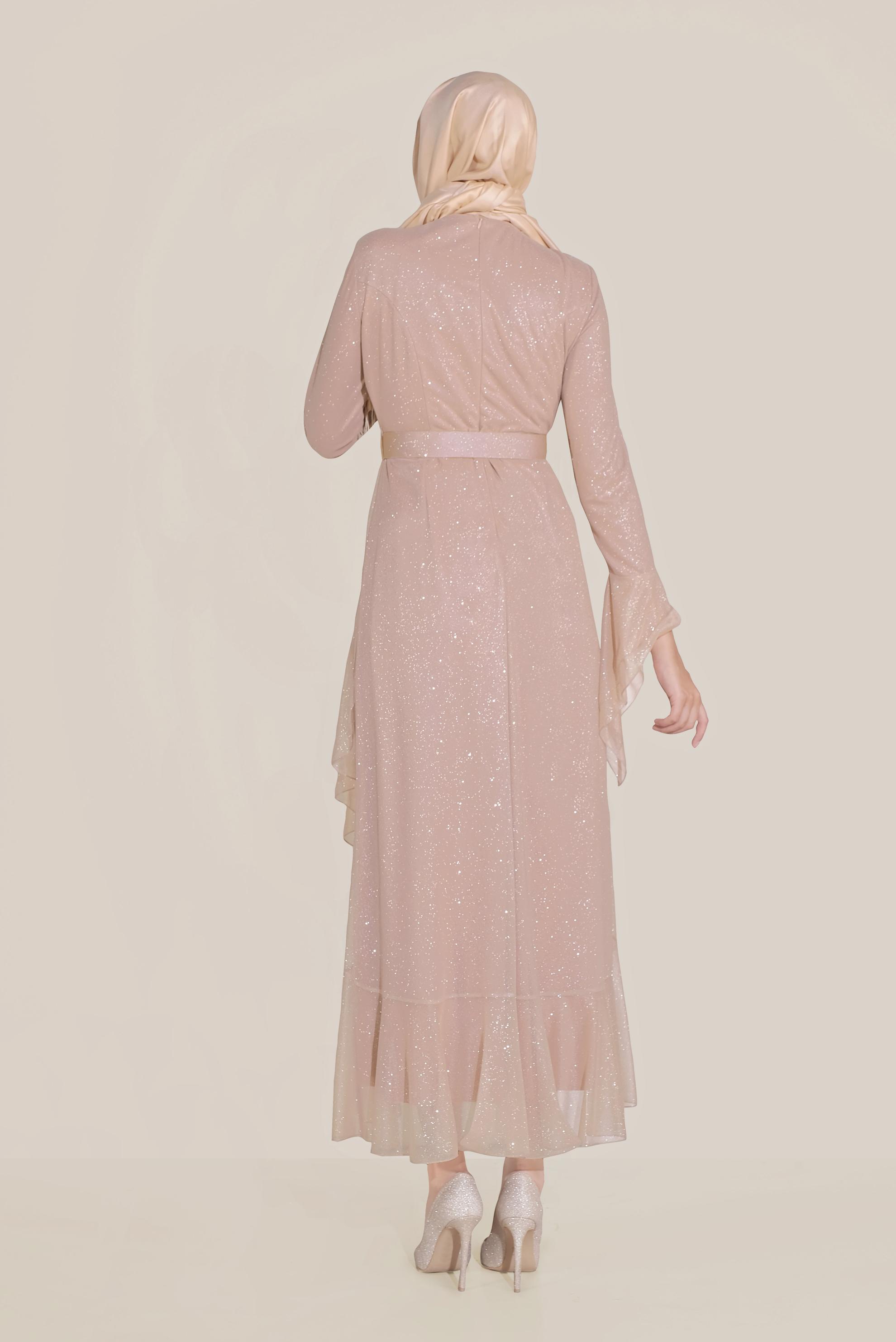 Tesettür giyim ALTIN TROMPET KOL KEMERLİ DÖKÜMLÜ ELBİSE 40773