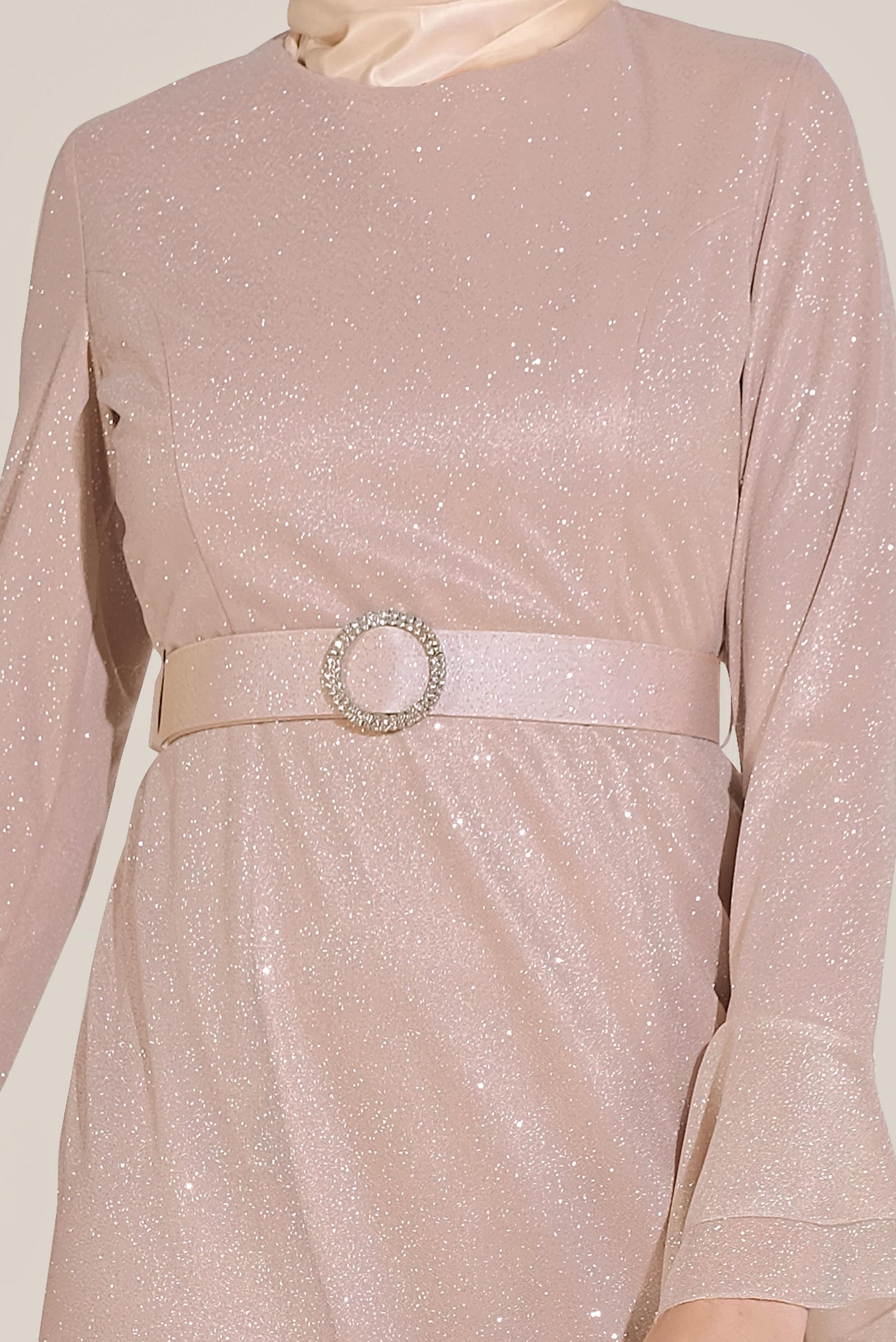 Tesettür giyim ALTIN TROMPET KOL KEMERLİ DÖKÜMLÜ ELBİSE 40773