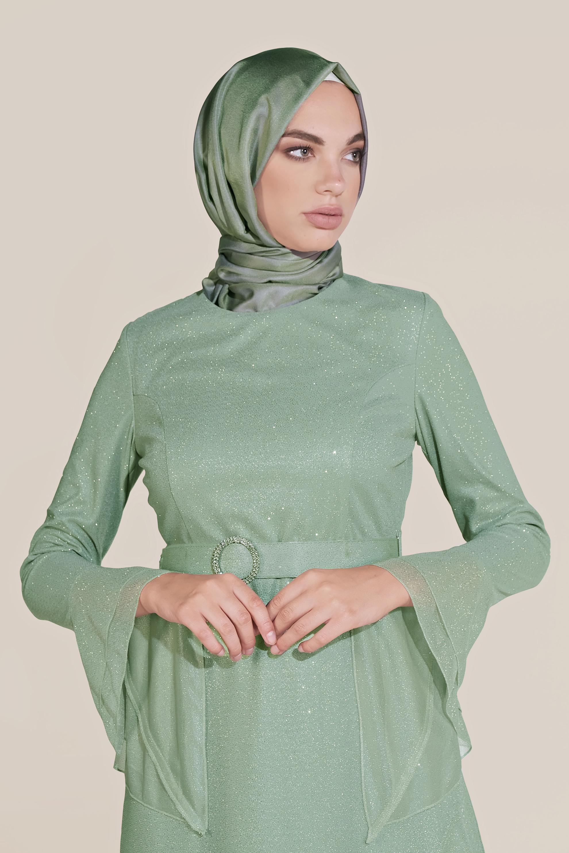 Tesettür giyim MAVİ TROMPET KOL KEMERLİ DÖKÜMLÜ ELBİSE 40773