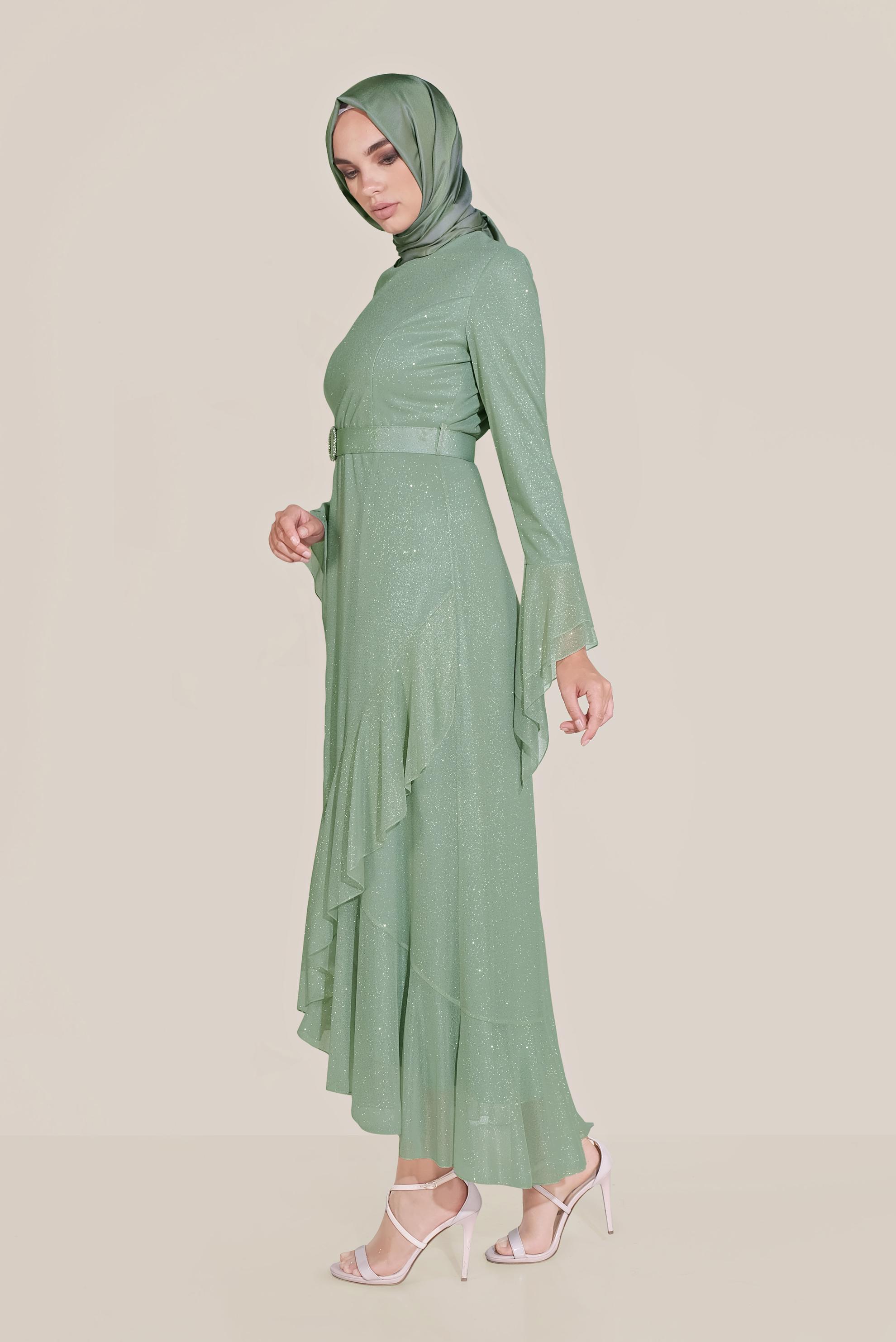 Tesettür giyim MAVİ TROMPET KOL KEMERLİ DÖKÜMLÜ ELBİSE 40773