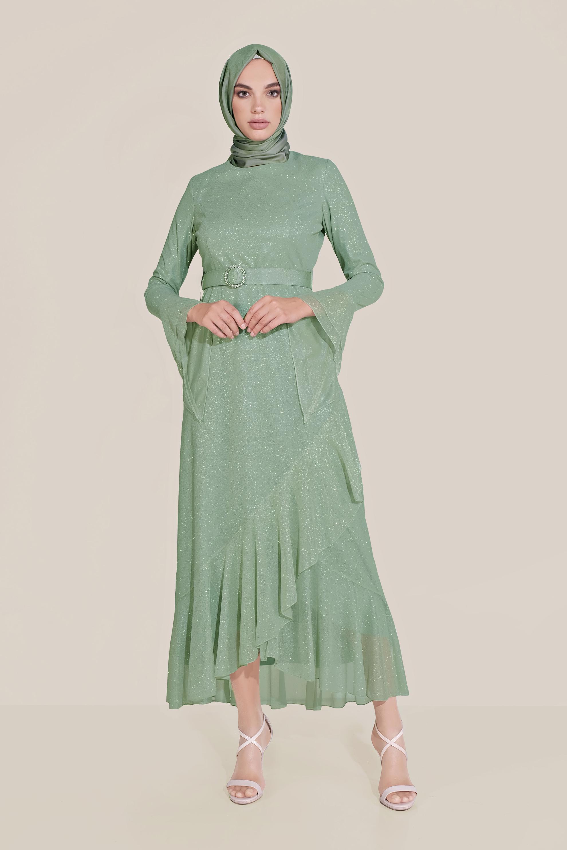 Tesettür giyim MAVİ TROMPET KOL KEMERLİ DÖKÜMLÜ ELBİSE 40773