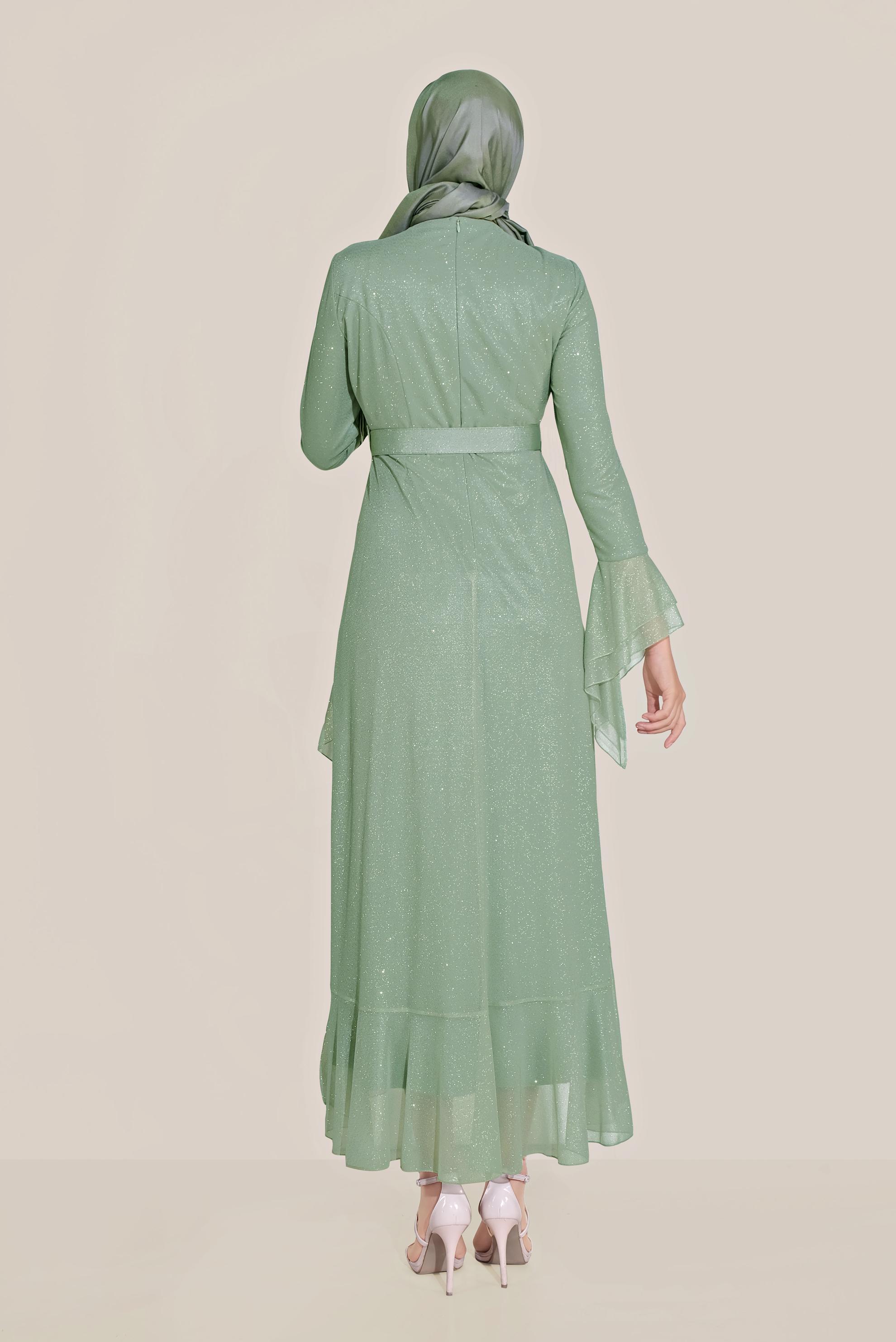 Tesettür giyim MAVİ TROMPET KOL KEMERLİ DÖKÜMLÜ ELBİSE 40773