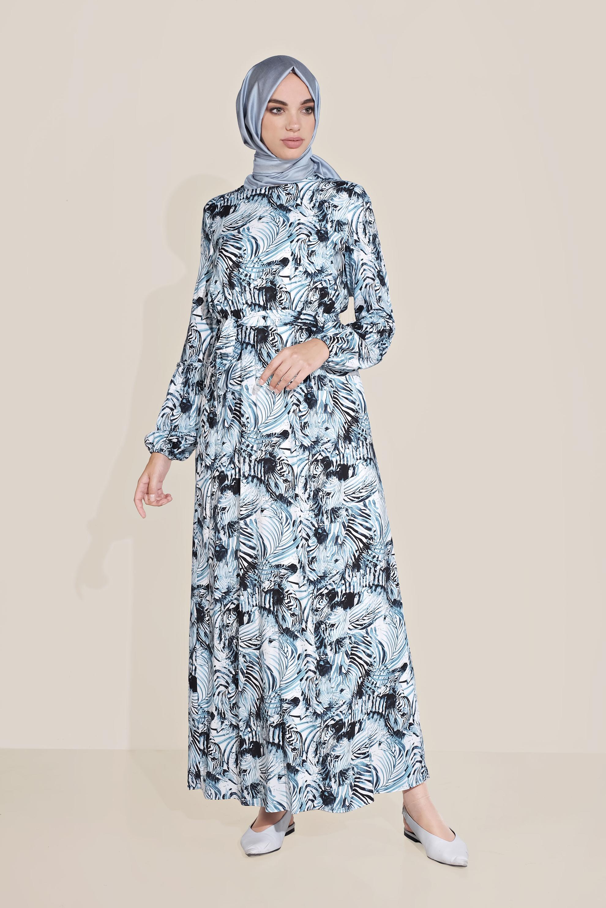 Tesettür giyim MAVİ MİX DESEN BELDEN BAĞLAMALI ELBİSE 40814