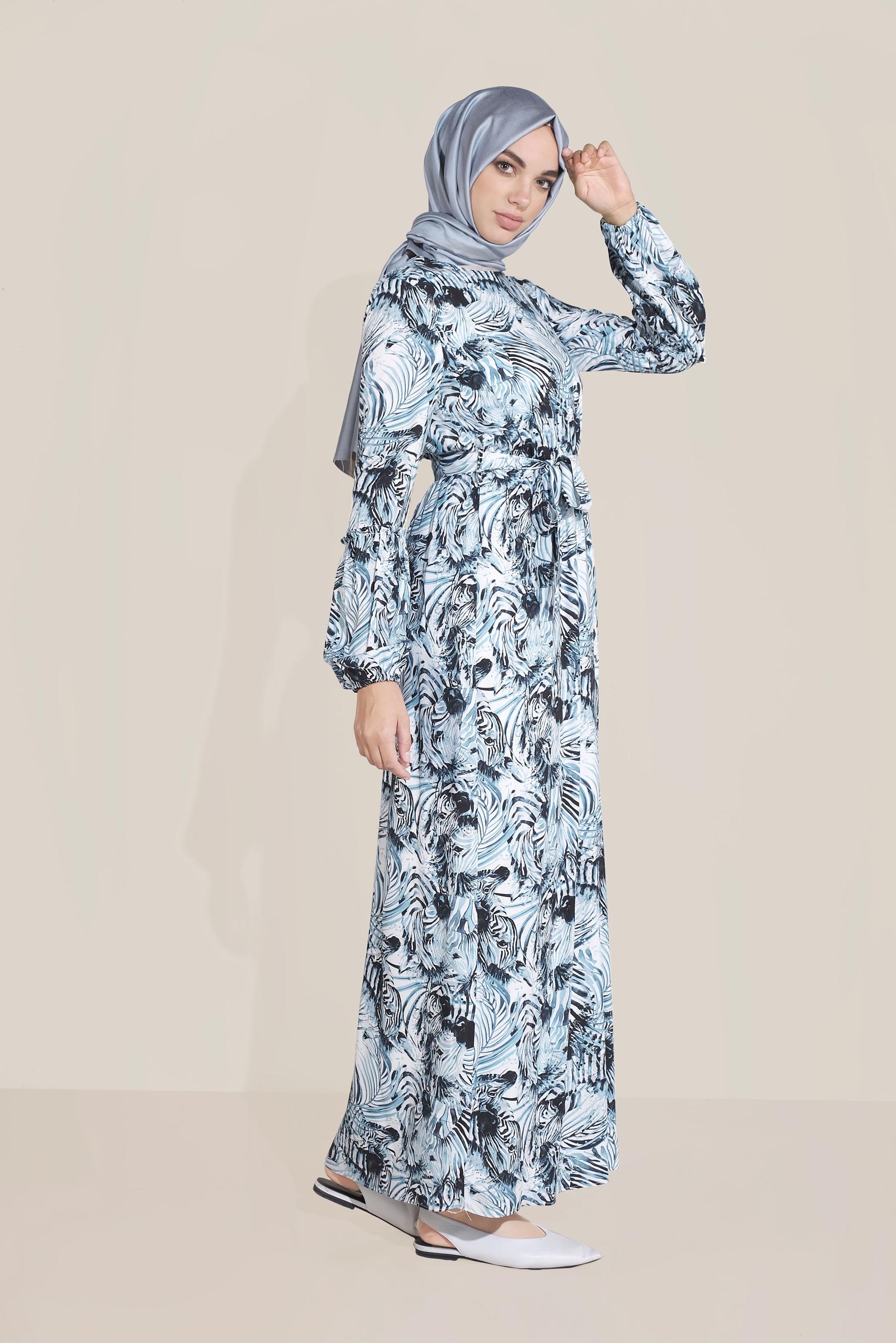 Tesettür giyim MAVİ MİX DESEN BELDEN BAĞLAMALI ELBİSE 40814