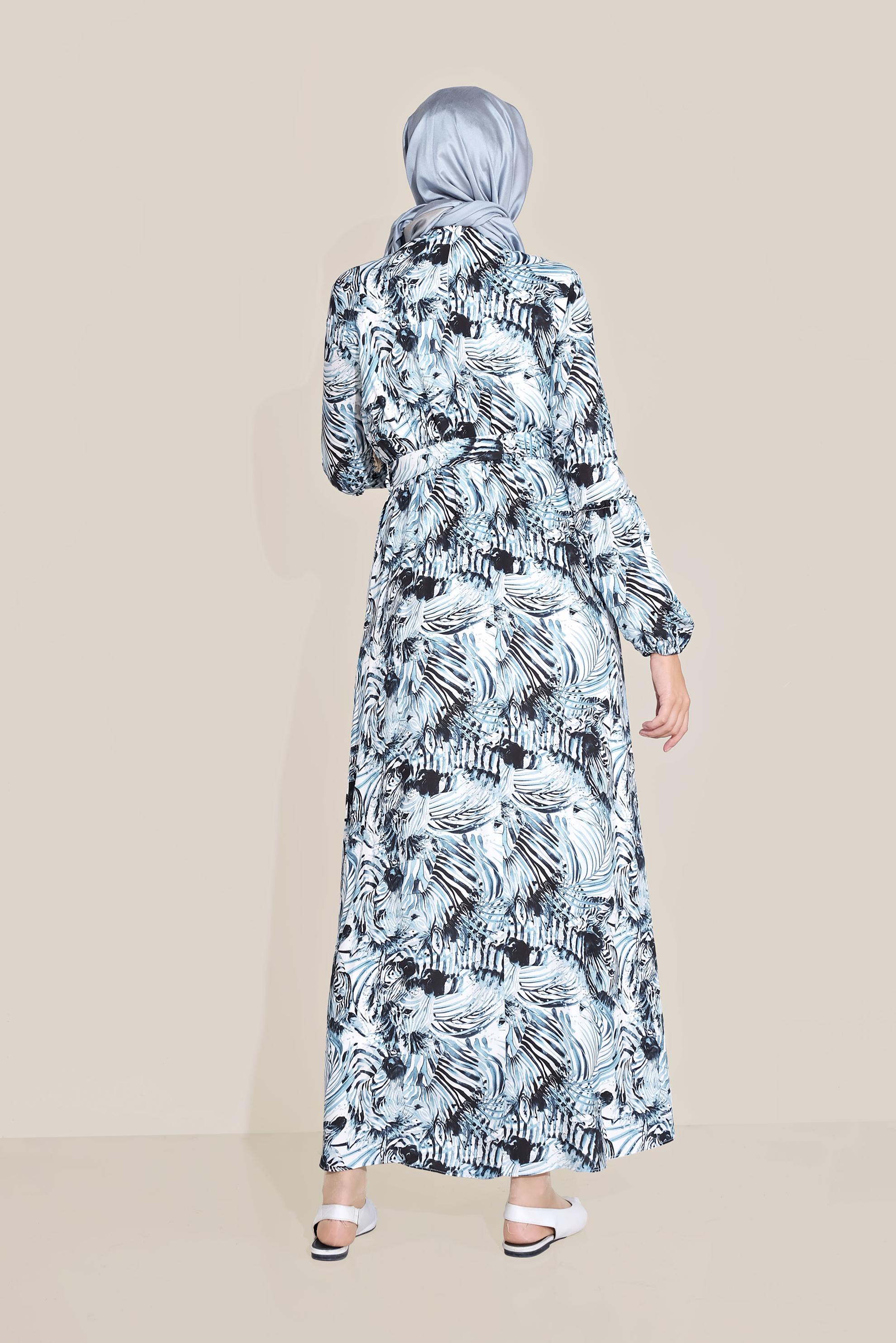 Tesettür giyim MAVİ MİX DESEN BELDEN BAĞLAMALI ELBİSE 40814