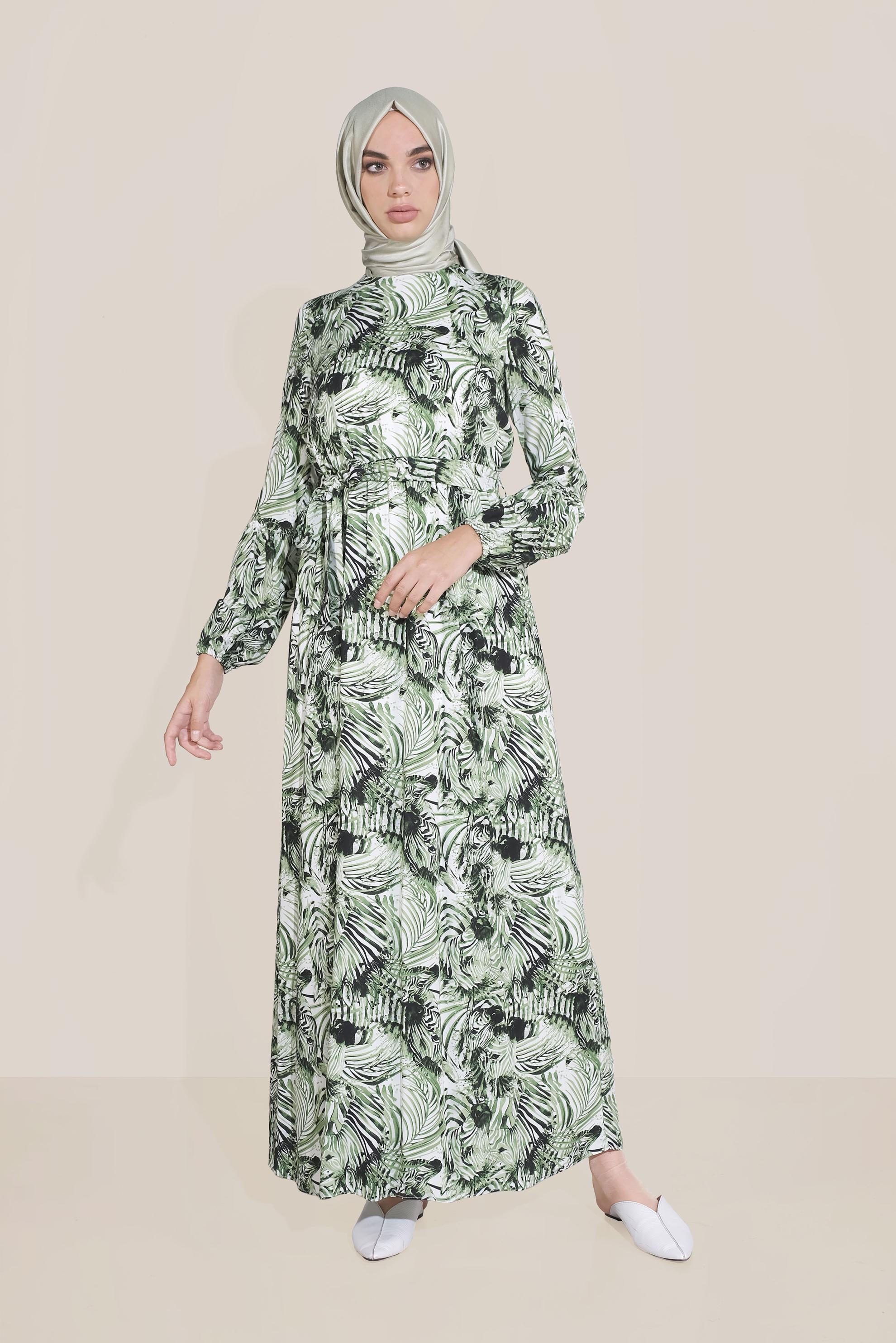 Tesettür giyim YEŞİL MİX DESEN BELDEN BAĞLAMALI ELBİSE 40814