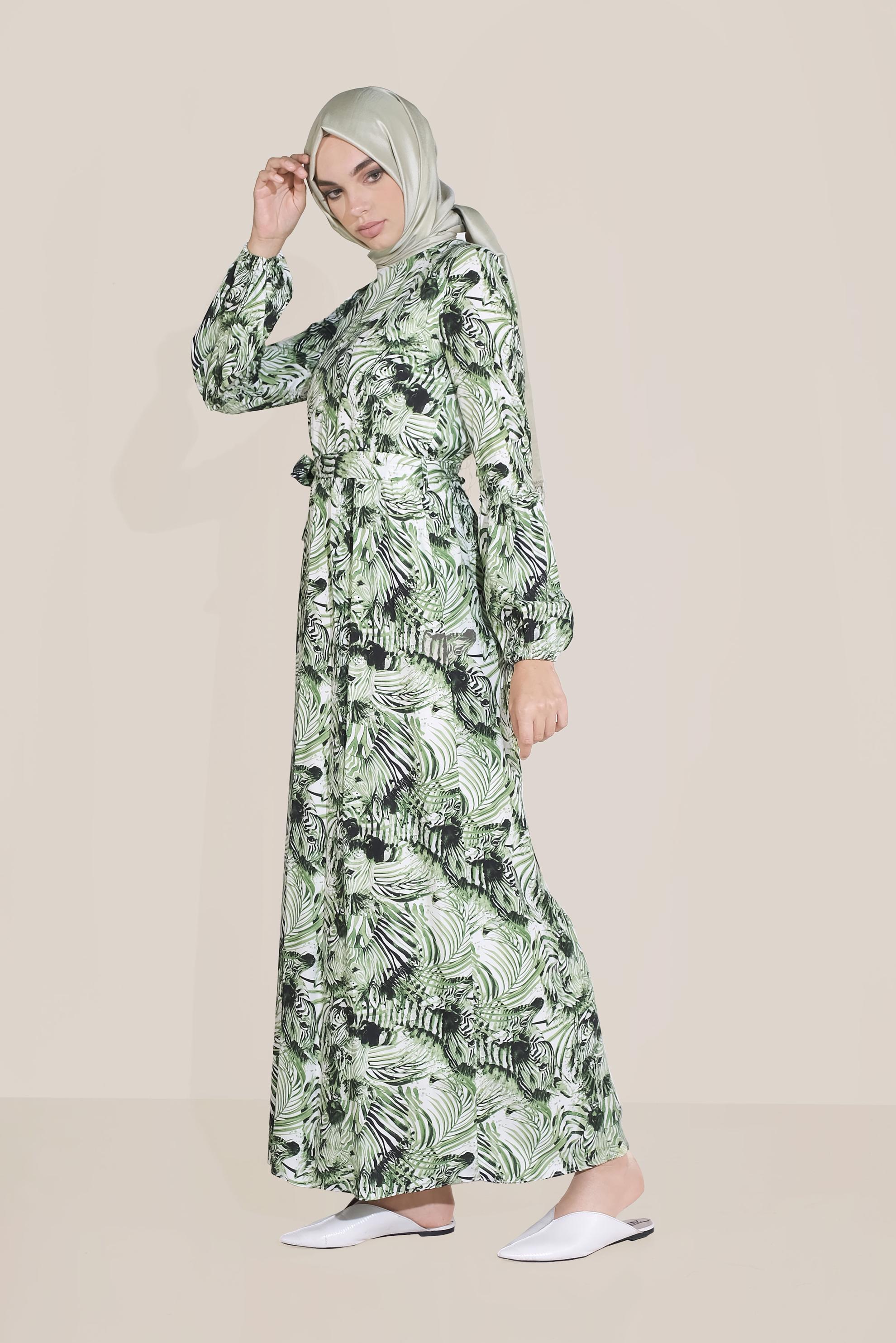 Tesettür giyim YEŞİL MİX DESEN BELDEN BAĞLAMALI ELBİSE 40814