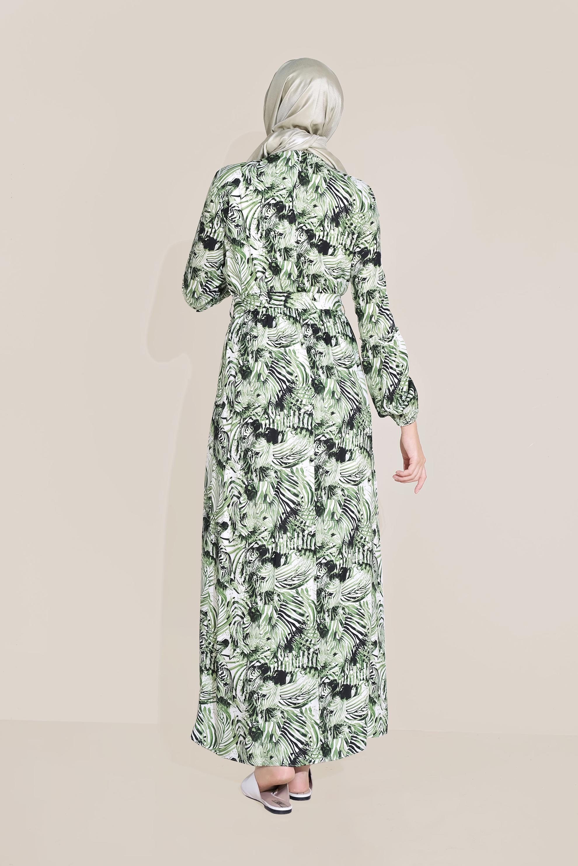 Tesettür giyim YEŞİL MİX DESEN BELDEN BAĞLAMALI ELBİSE 40814