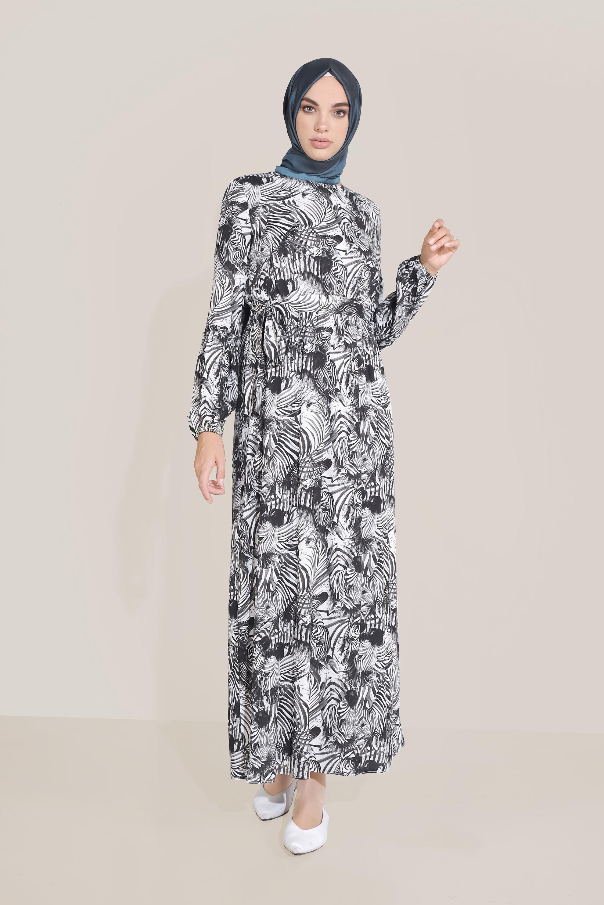 Tesettür giyim GRİ MİX DESEN BELDEN BAĞLAMALI ELBİSE 40814