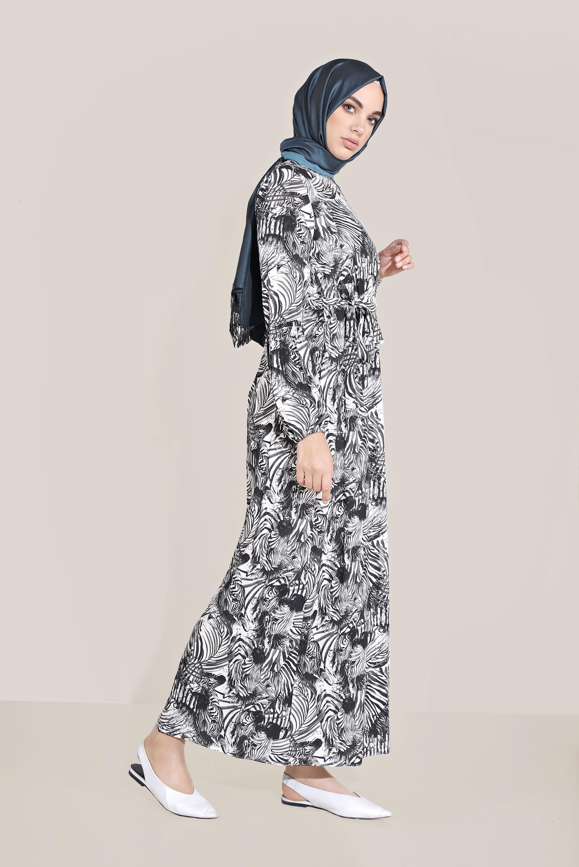 Tesettür giyim GRİ MİX DESEN BELDEN BAĞLAMALI ELBİSE 40814