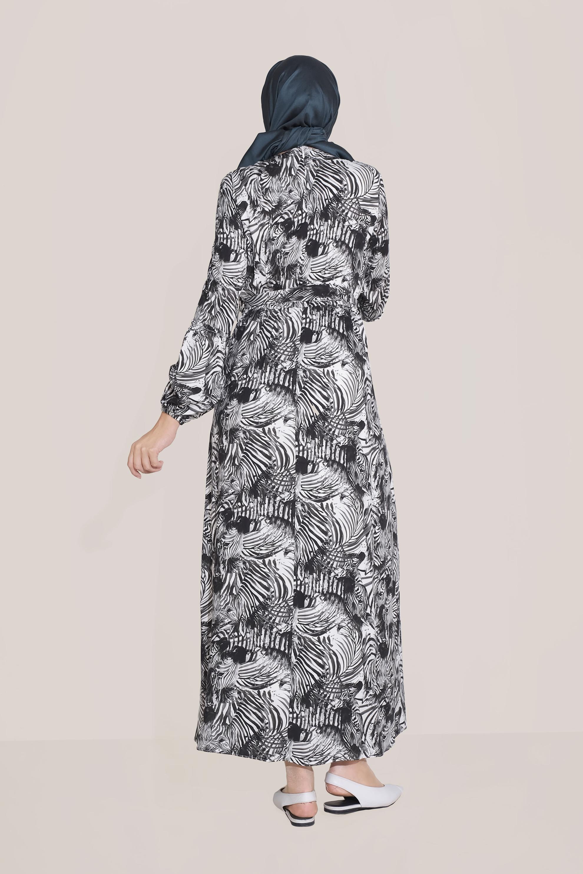 Tesettür giyim GRİ MİX DESEN BELDEN BAĞLAMALI ELBİSE 40814