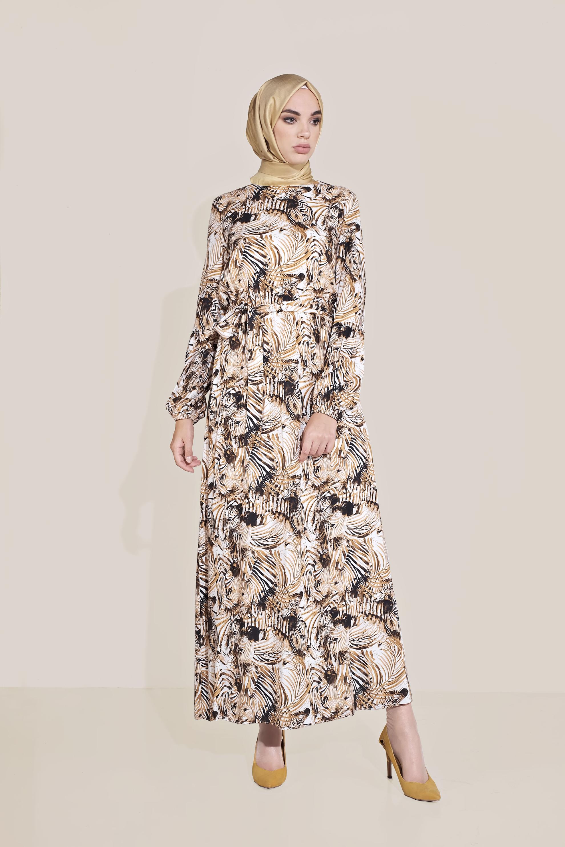 Tesettür giyim KAHVE MİX DESEN BELDEN BAĞLAMALI ELBİSE 40814