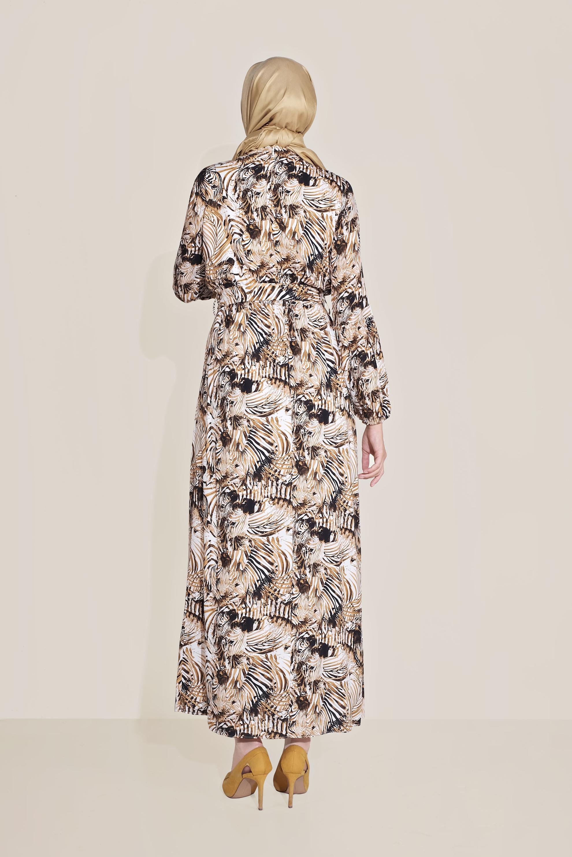 Tesettür giyim KAHVE MİX DESEN BELDEN BAĞLAMALI ELBİSE 40814