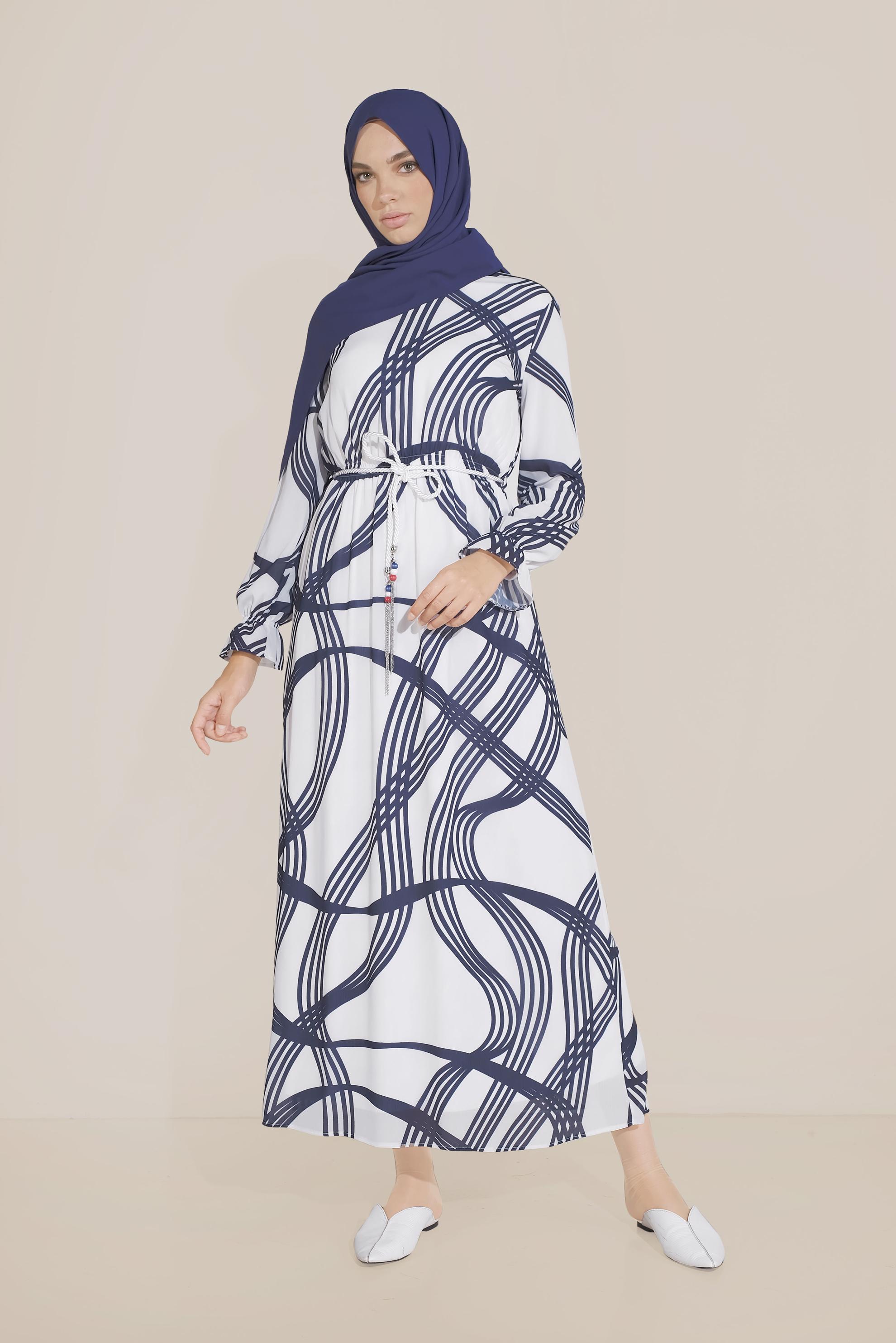 Tesettür giyim LACİVERT BELDEN BAĞLAMALI DESENLİ ELBİSE 40817