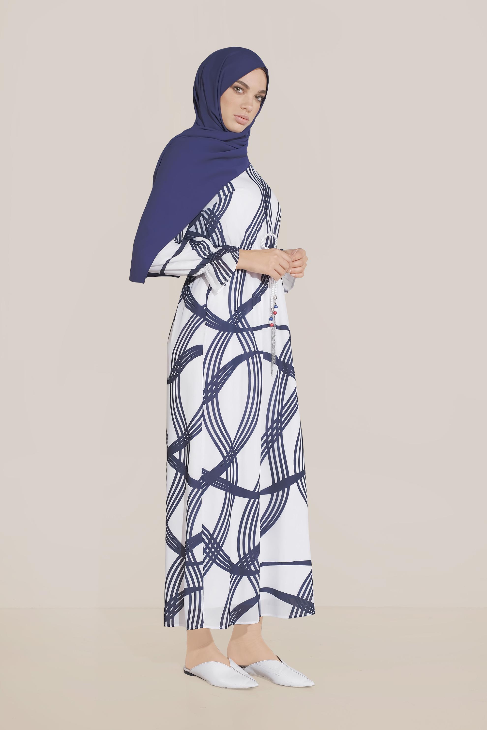 Tesettür giyim LACİVERT BELDEN BAĞLAMALI DESENLİ ELBİSE 40817