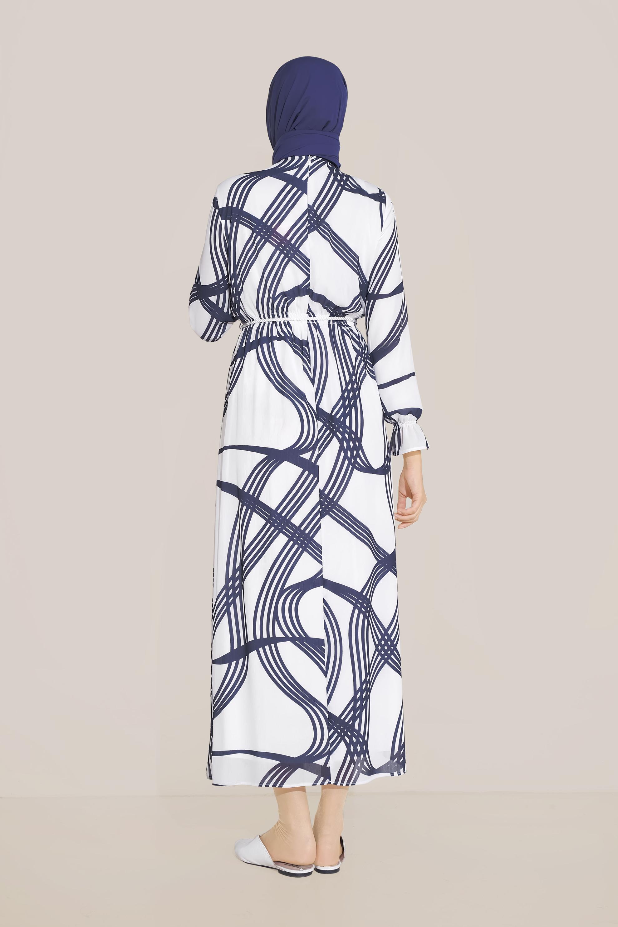 Tesettür giyim LACİVERT BELDEN BAĞLAMALI DESENLİ ELBİSE 40817