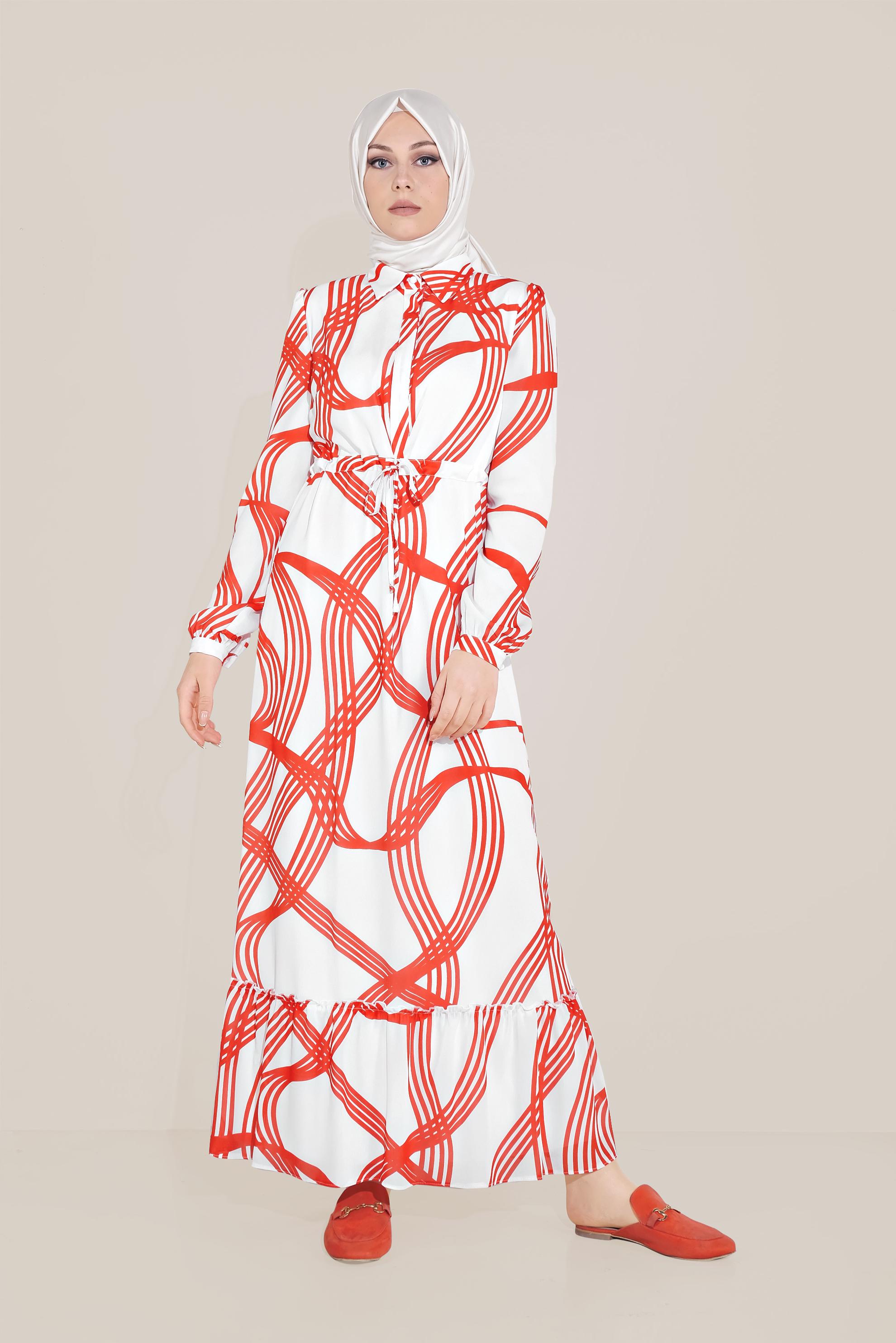 Tesettür giyim KIRMIZI MİX DESEN BELDEN BAĞLAMALI VOLANLI ELBİSE 40823