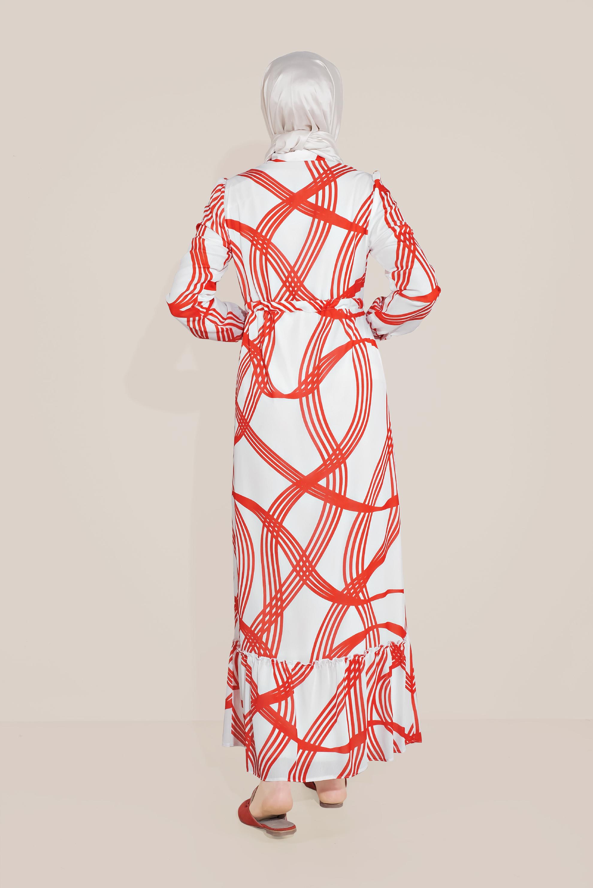 Tesettür giyim KIRMIZI MİX DESEN BELDEN BAĞLAMALI VOLANLI ELBİSE 40823