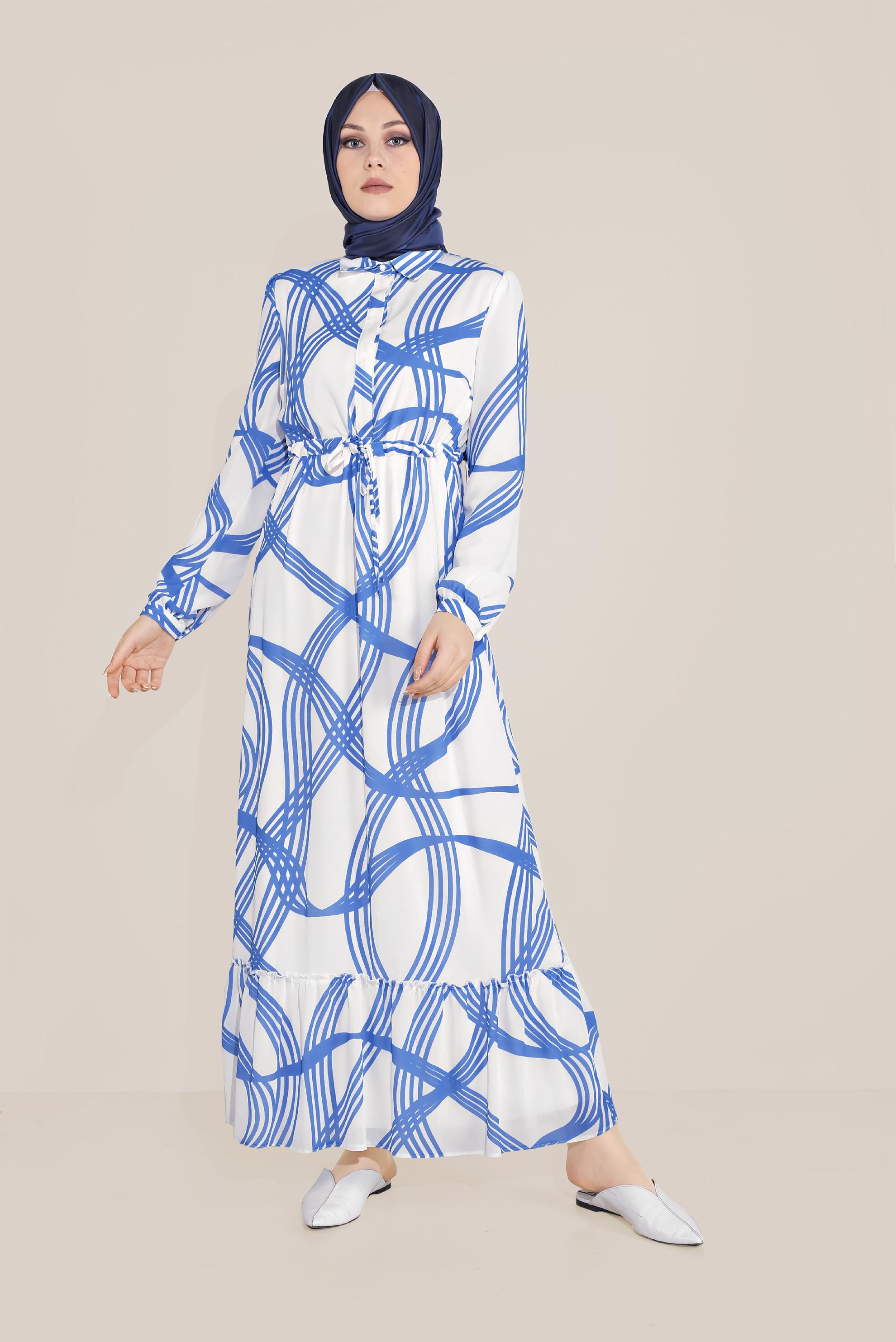 Tesettür giyim LACİVERT MİX DESEN BELDEN BAĞLAMALI VOLANLI ELBİSE 40823