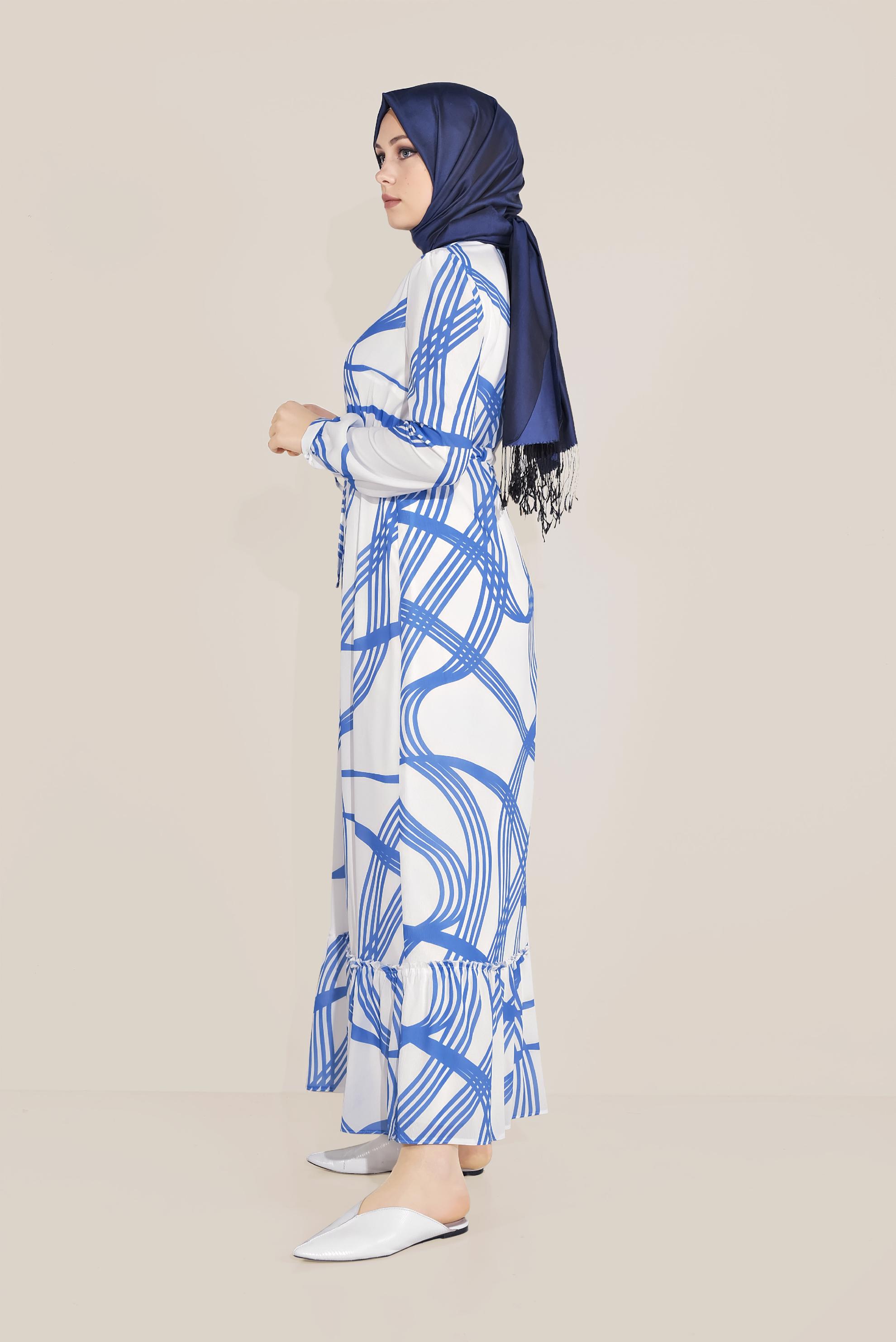 Tesettür giyim LACİVERT MİX DESEN BELDEN BAĞLAMALI VOLANLI ELBİSE 40823