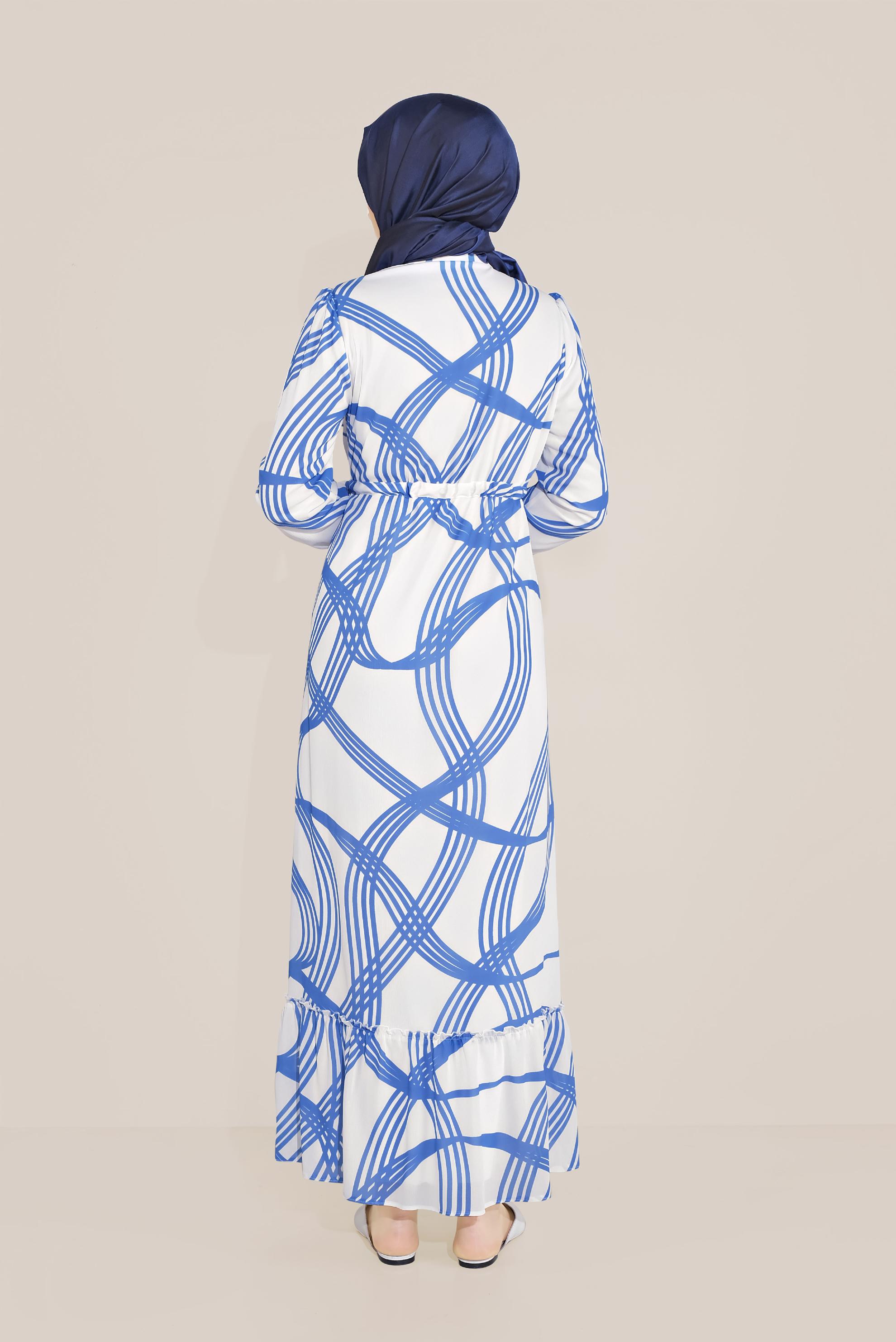 Tesettür giyim LACİVERT MİX DESEN BELDEN BAĞLAMALI VOLANLI ELBİSE 40823