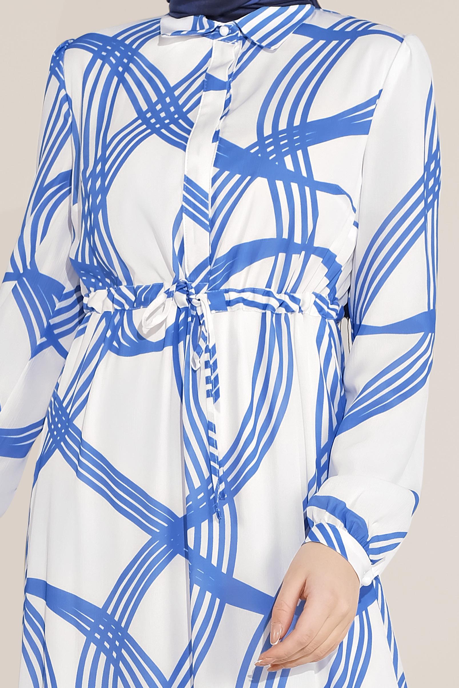 Tesettür giyim LACİVERT MİX DESEN BELDEN BAĞLAMALI VOLANLI ELBİSE 40823