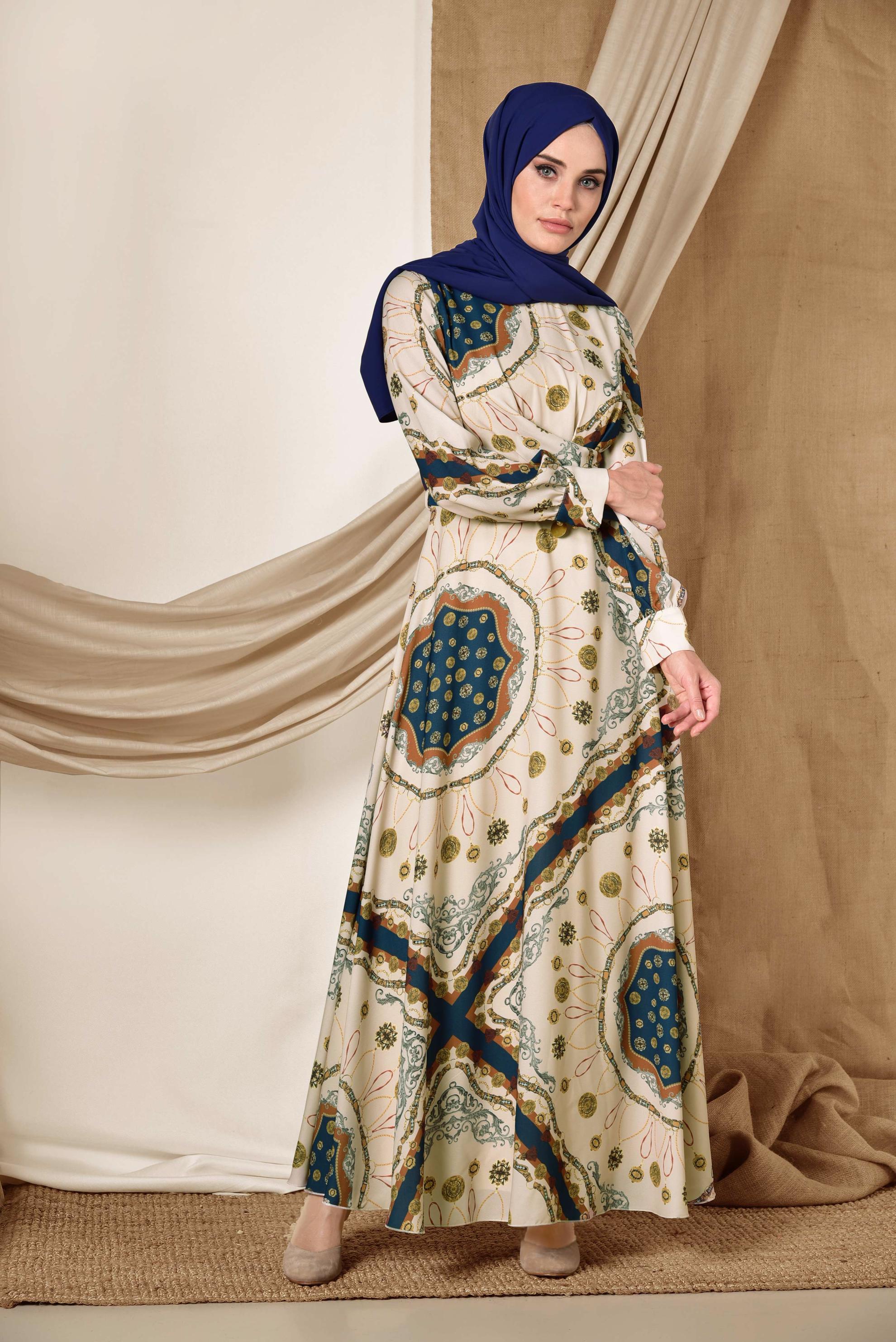 Tesettür giyim BEJ KARIŞIK DESENLİ ELBİSE 4084