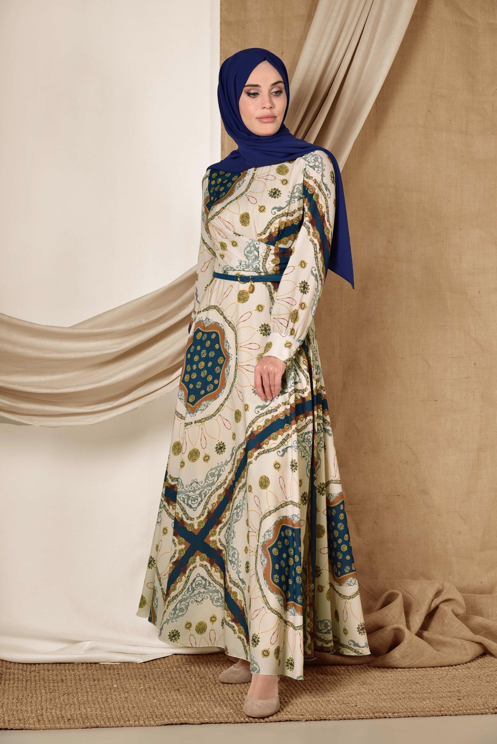 Tesettür giyim BEJ KARIŞIK DESENLİ ELBİSE 4084