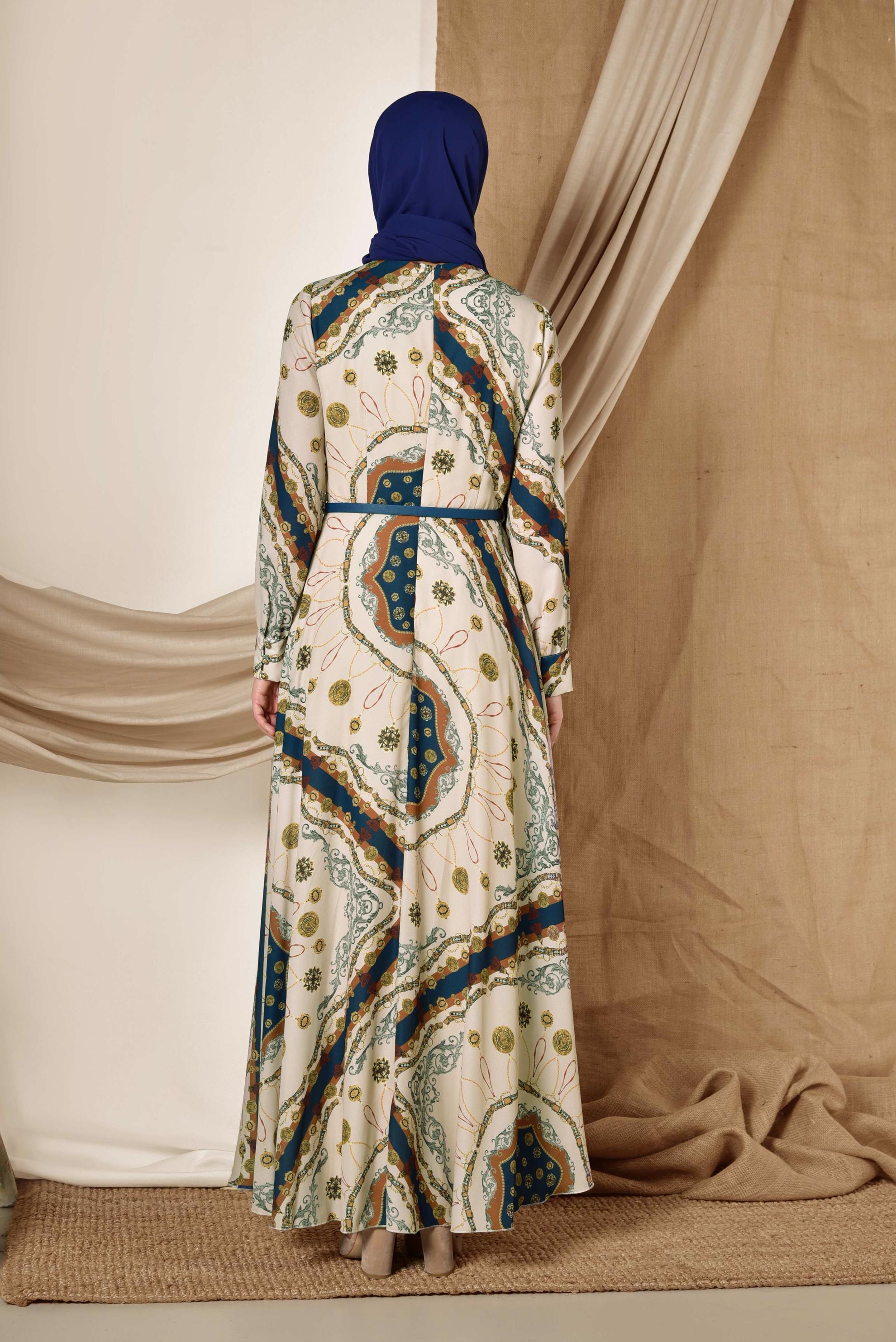 Tesettür giyim BEJ KARIŞIK DESENLİ ELBİSE 4084