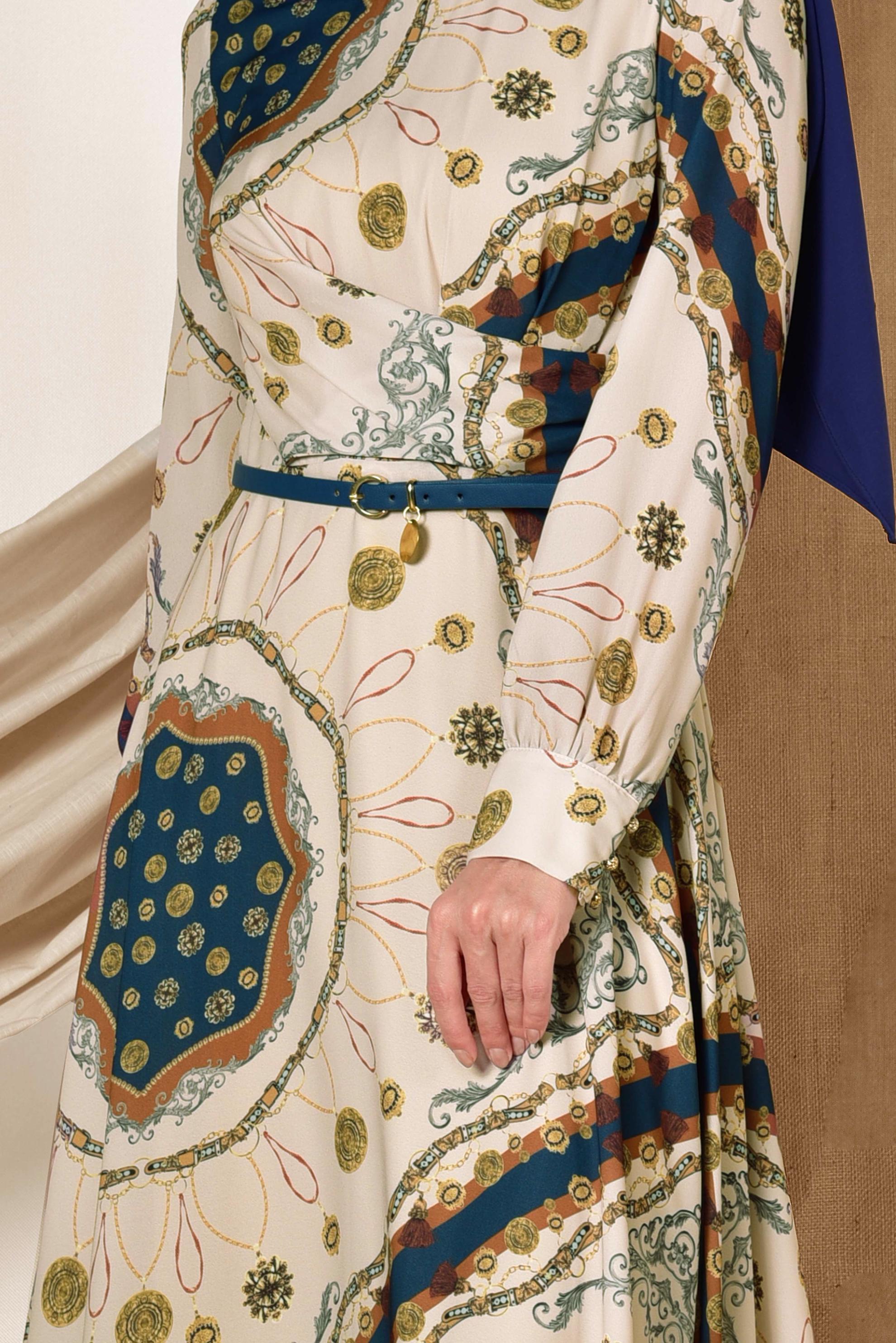 Tesettür giyim BEJ KARIŞIK DESENLİ ELBİSE 4084