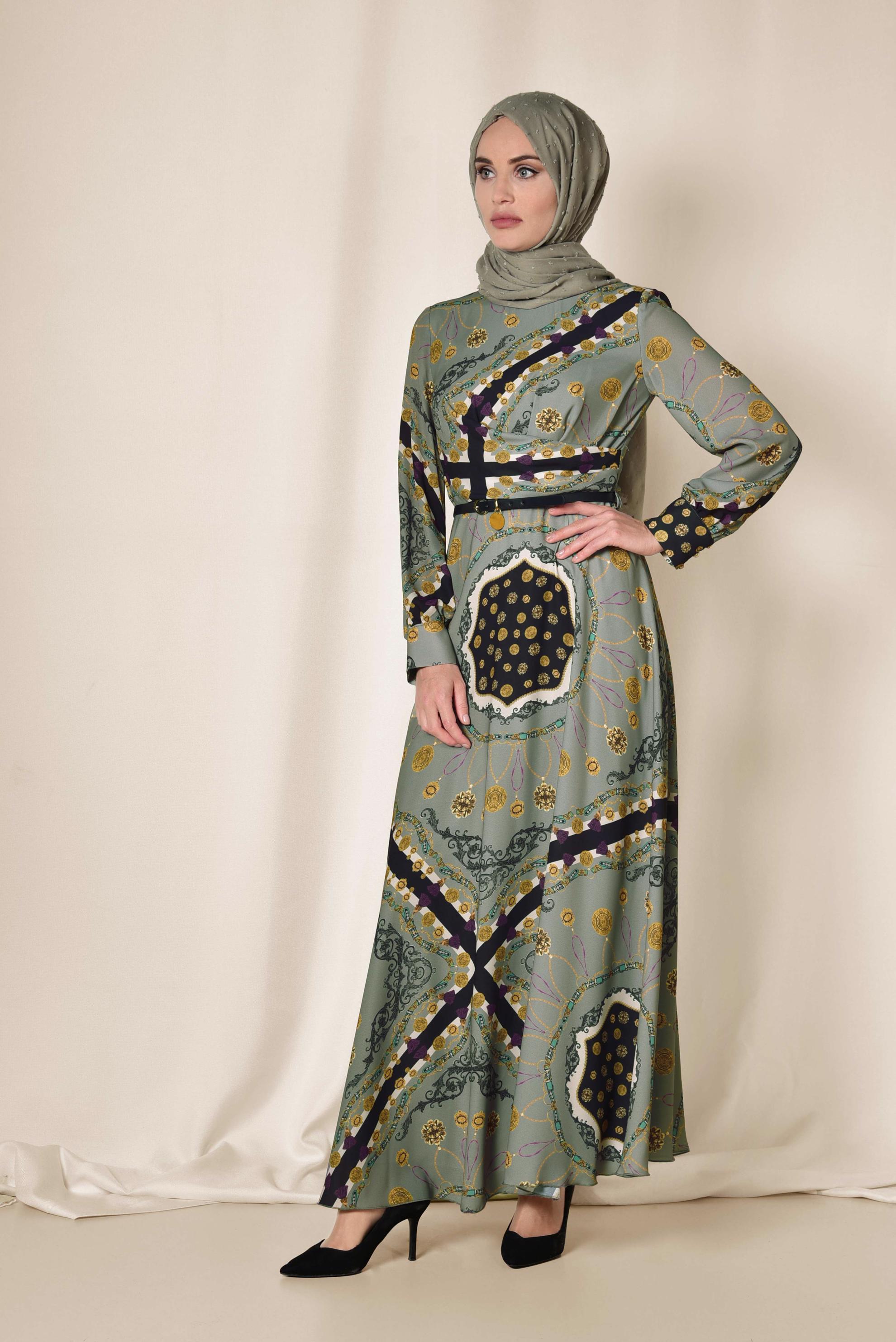 Tesettür giyim GRİ KARIŞIK DESENLİ ELBİSE 4084