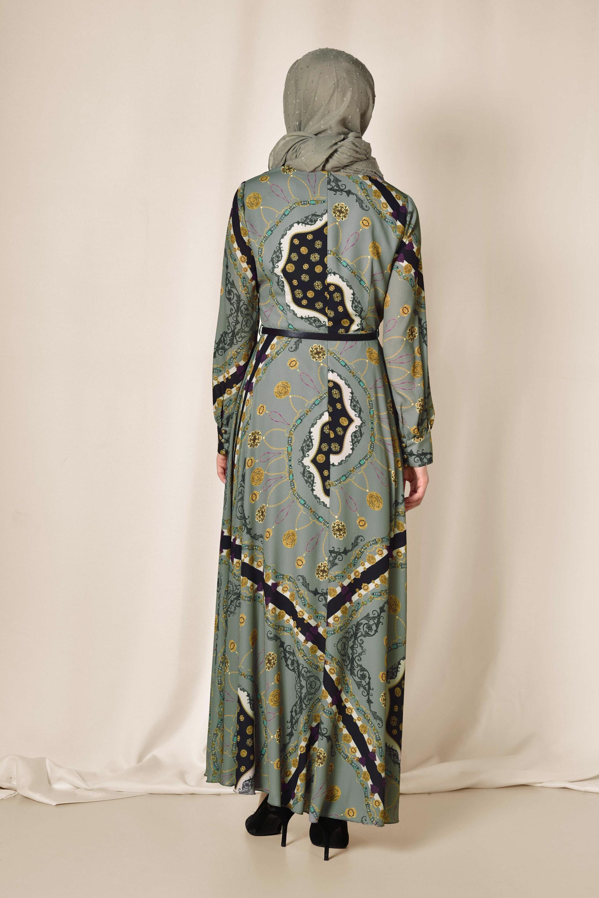 Tesettür giyim GRİ KARIŞIK DESENLİ ELBİSE 4084