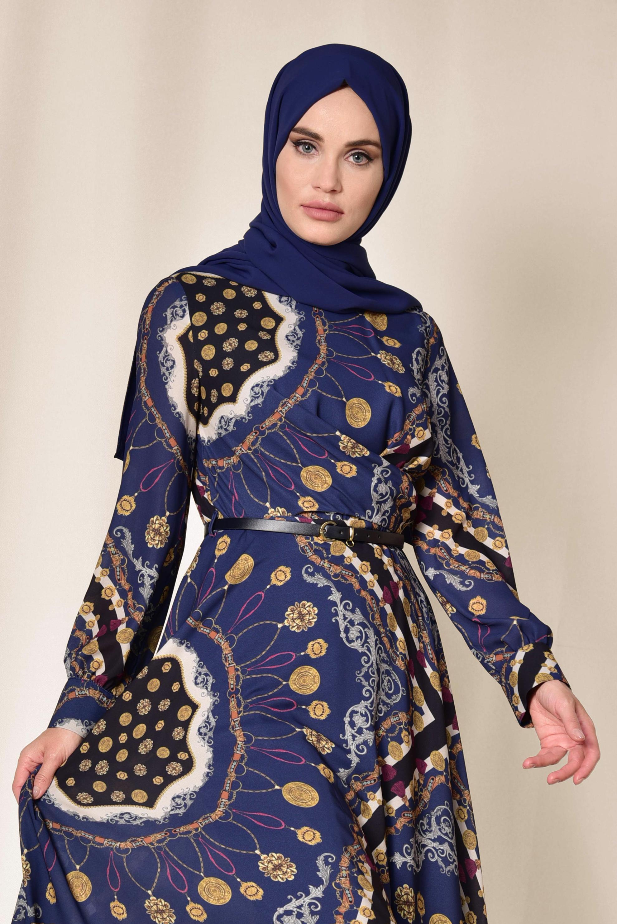 Tesettür giyim LACİVERT KARIŞIK DESENLİ ELBİSE 4084
