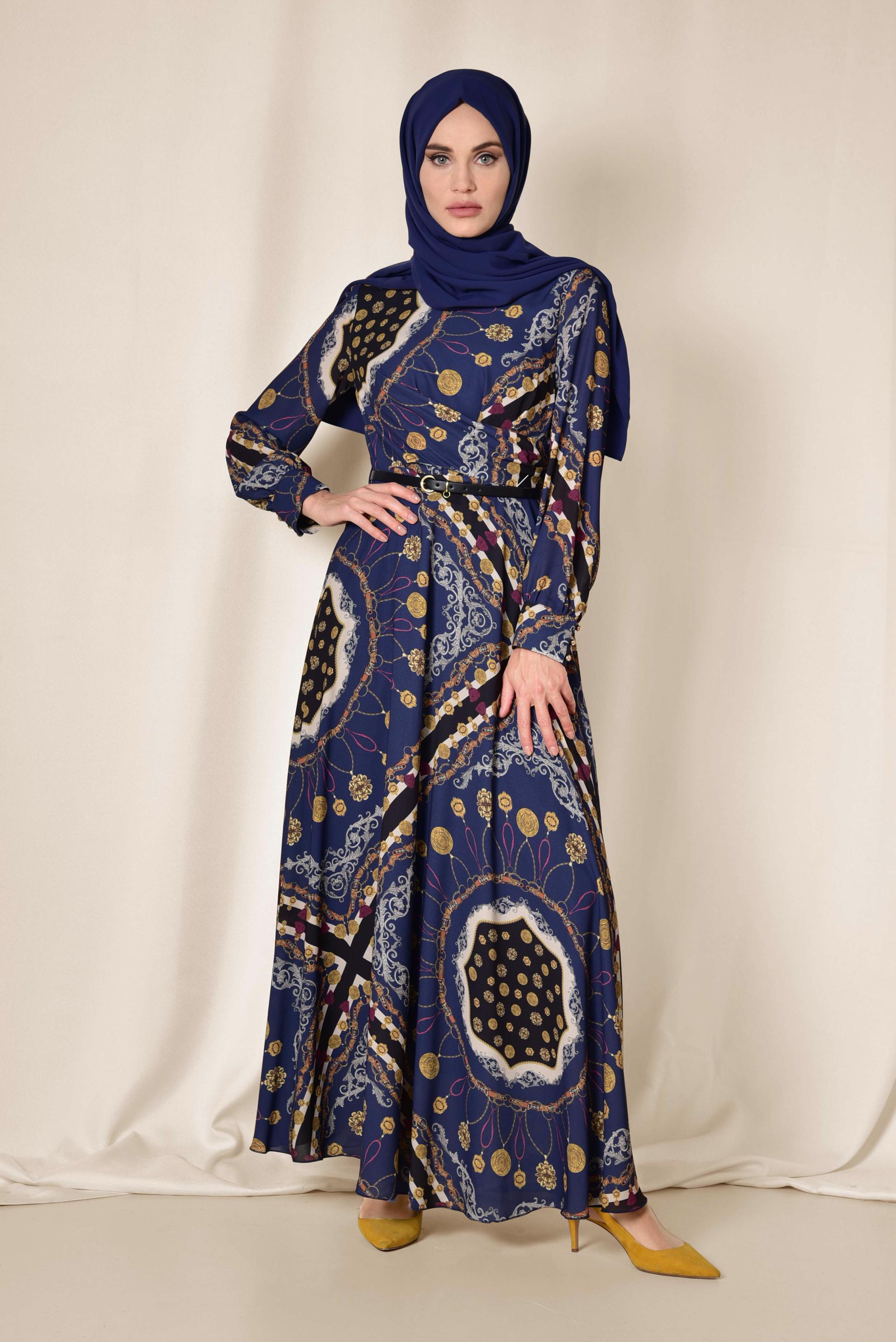 Tesettür giyim LACİVERT KARIŞIK DESENLİ ELBİSE 4084