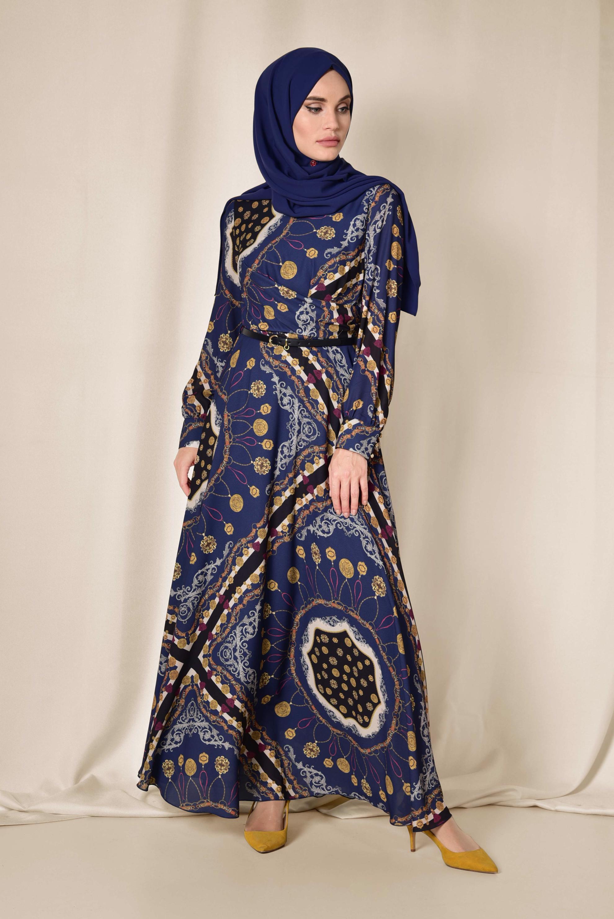 Tesettür giyim LACİVERT KARIŞIK DESENLİ ELBİSE 4084