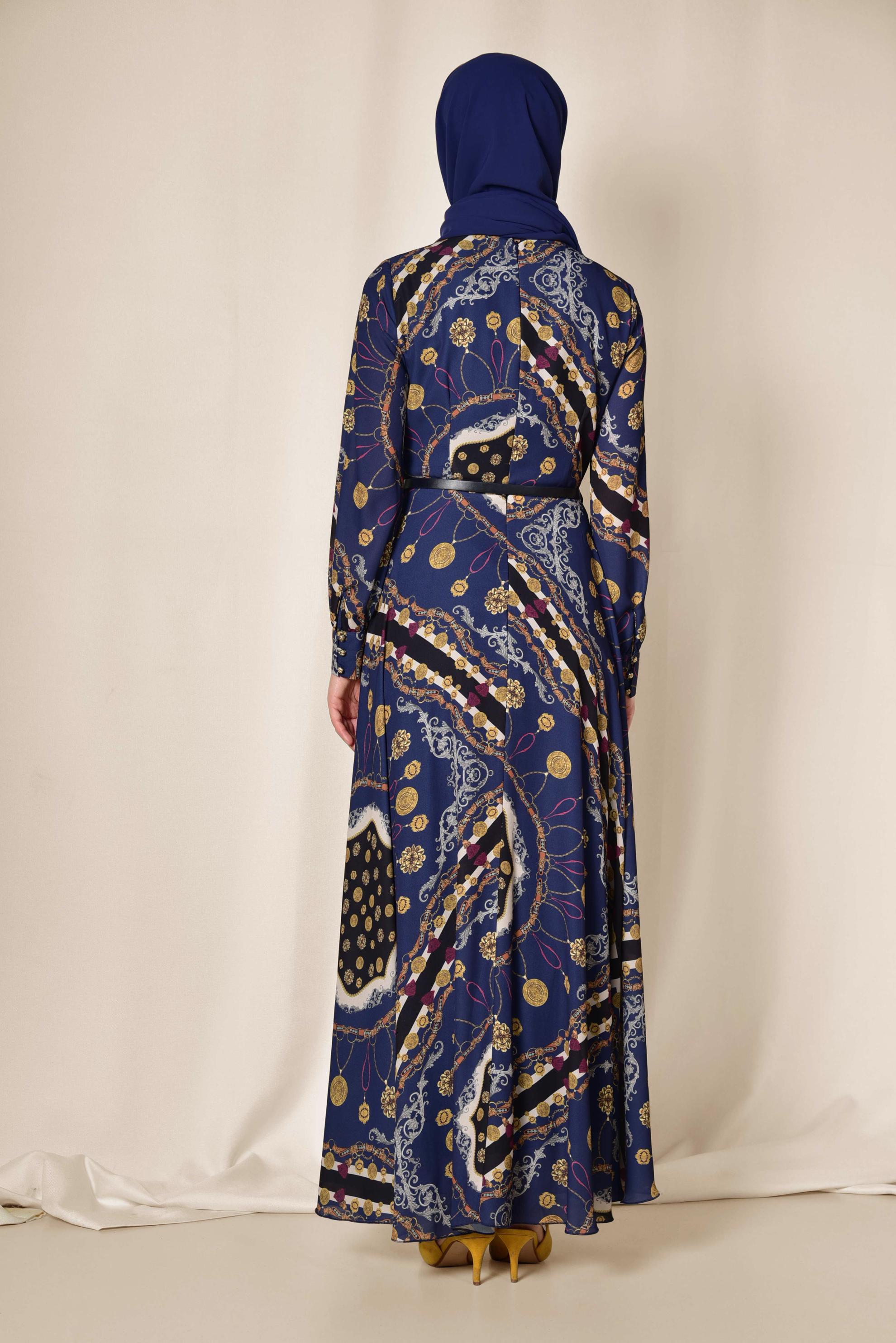 Tesettür giyim LACİVERT KARIŞIK DESENLİ ELBİSE 4084