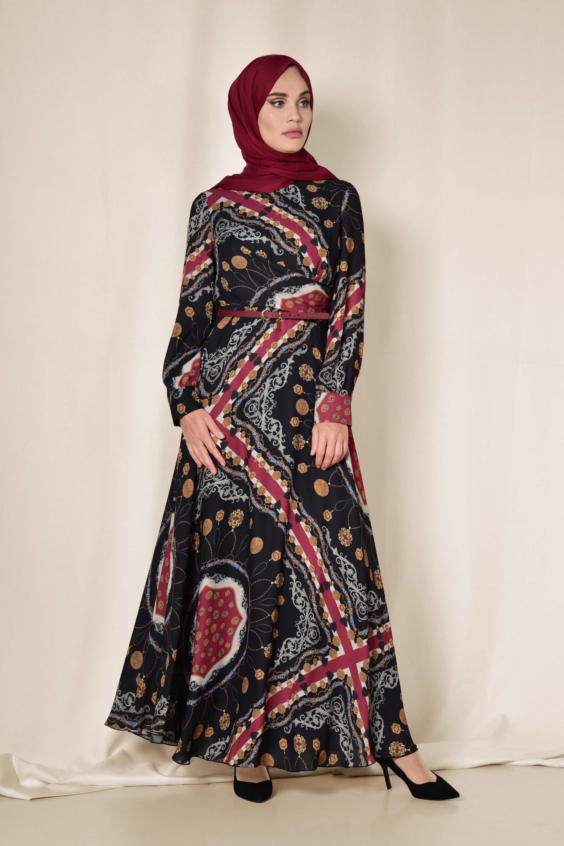 Tesettür giyim SİYAH KARIŞIK DESENLİ ELBİSE 4084
