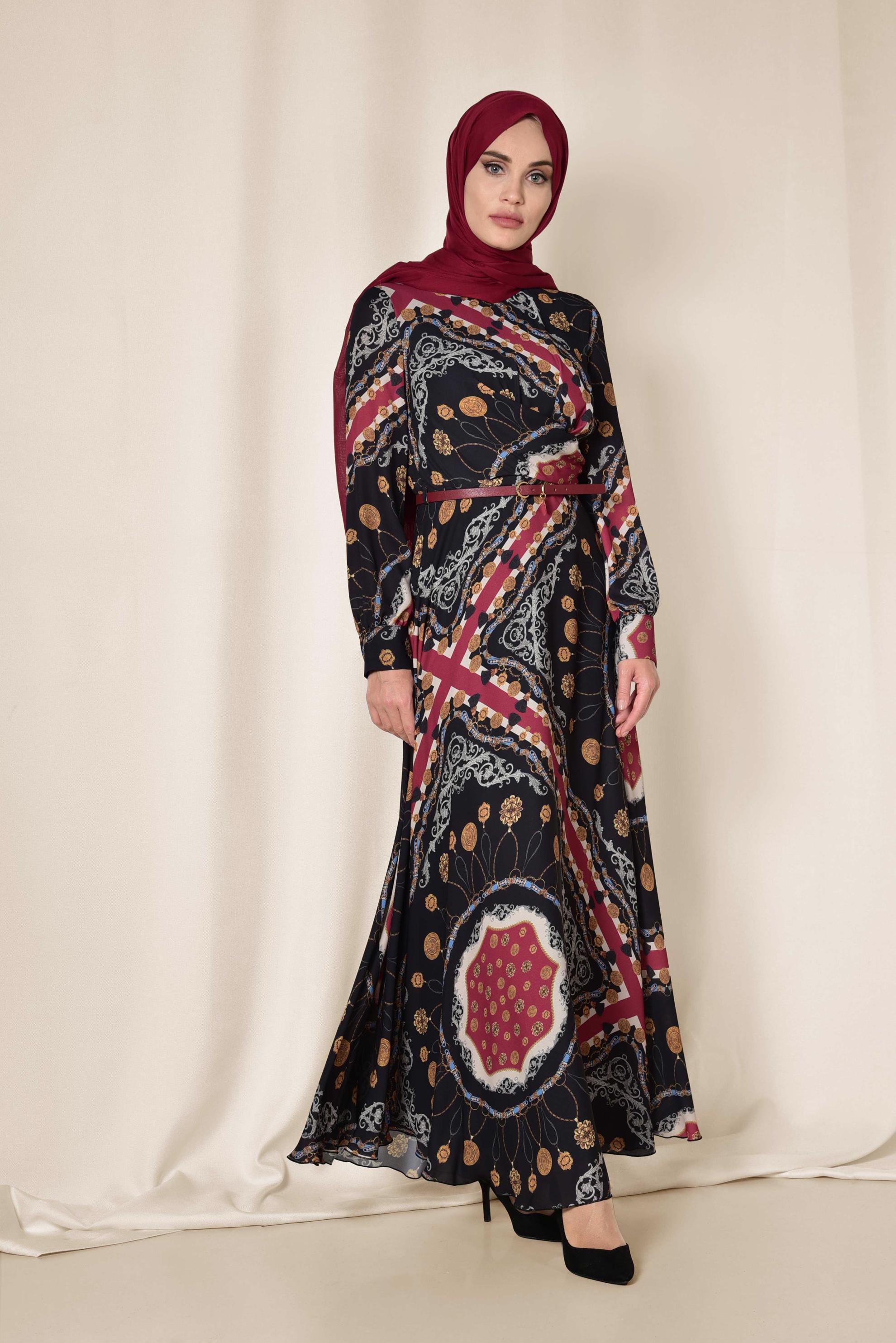 Tesettür giyim SİYAH KARIŞIK DESENLİ ELBİSE 4084