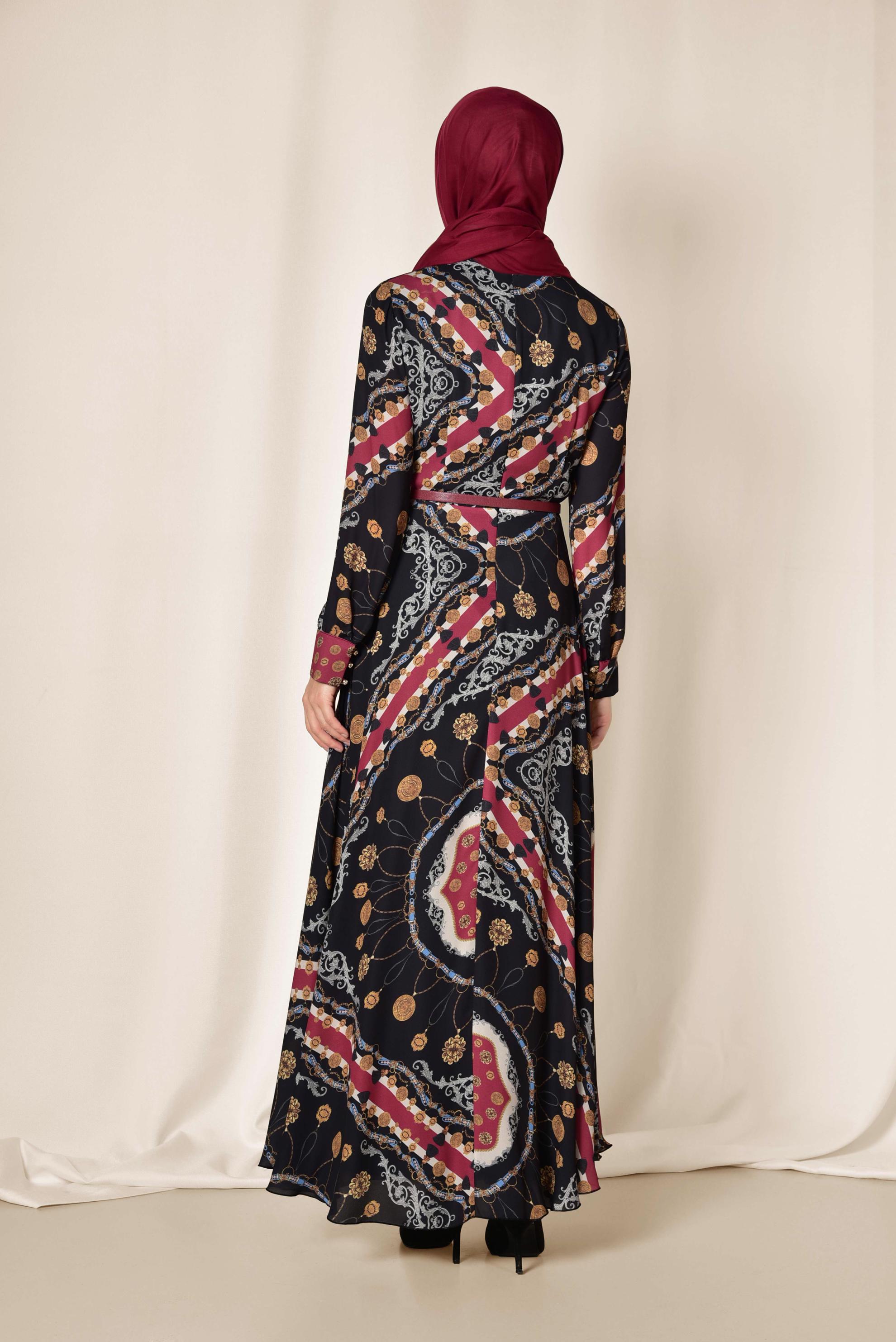 Tesettür giyim SİYAH KARIŞIK DESENLİ ELBİSE 4084