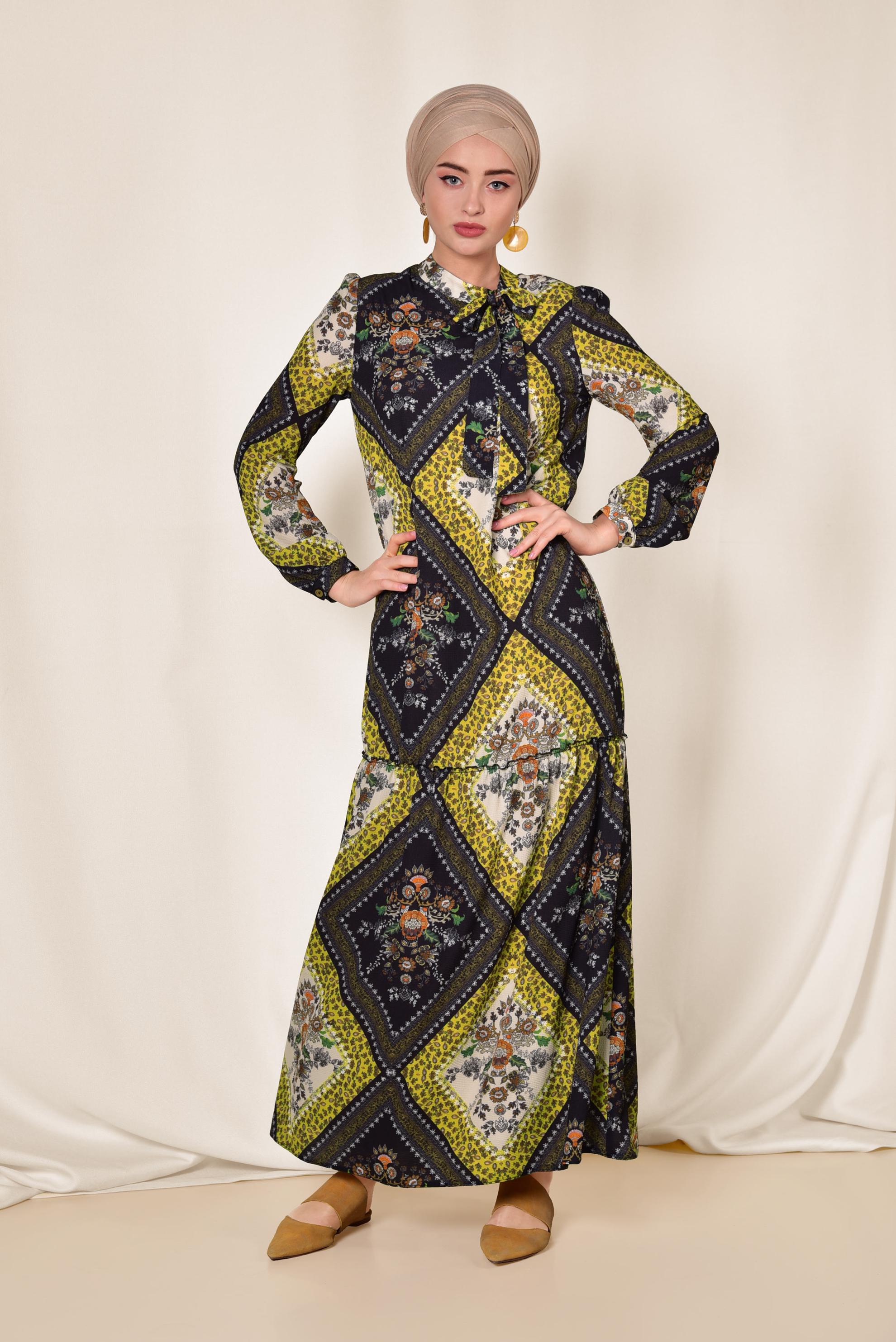 Tesettür giyim SARI YAKASI BAĞLAMALI DESENLİ ELBİSE 4085