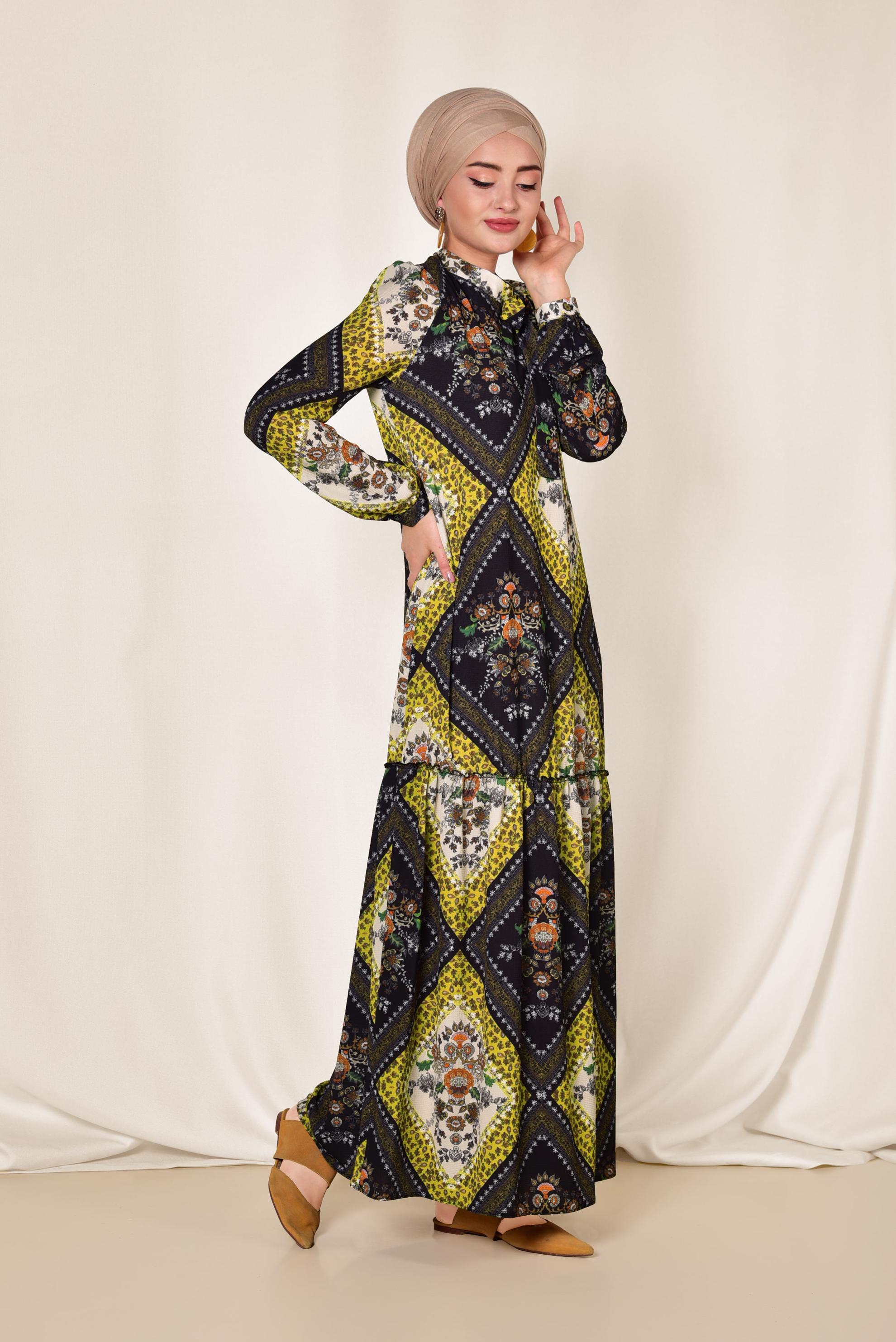 Tesettür giyim SARI YAKASI BAĞLAMALI DESENLİ ELBİSE 4085