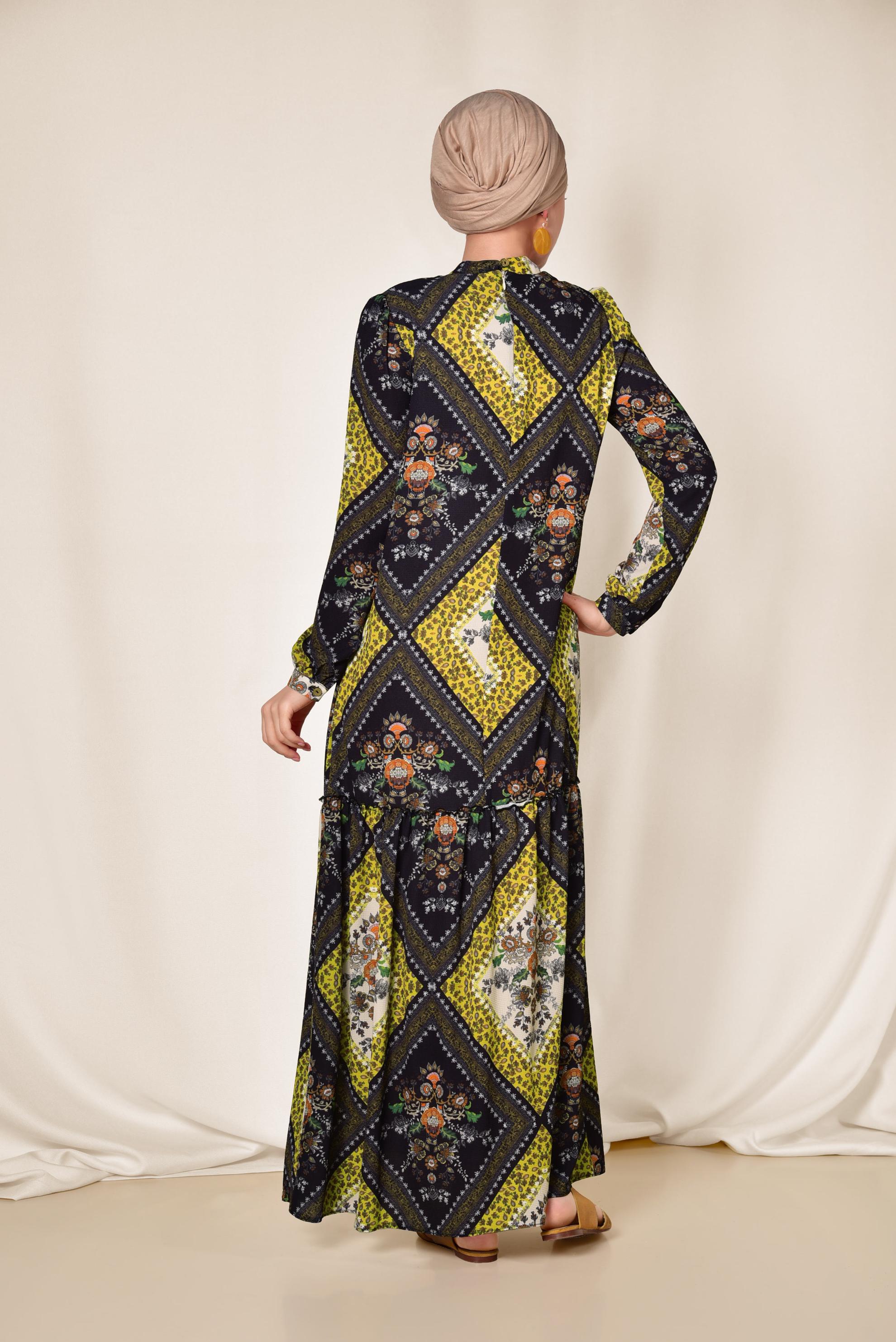 Tesettür giyim SARI YAKASI BAĞLAMALI DESENLİ ELBİSE 4085