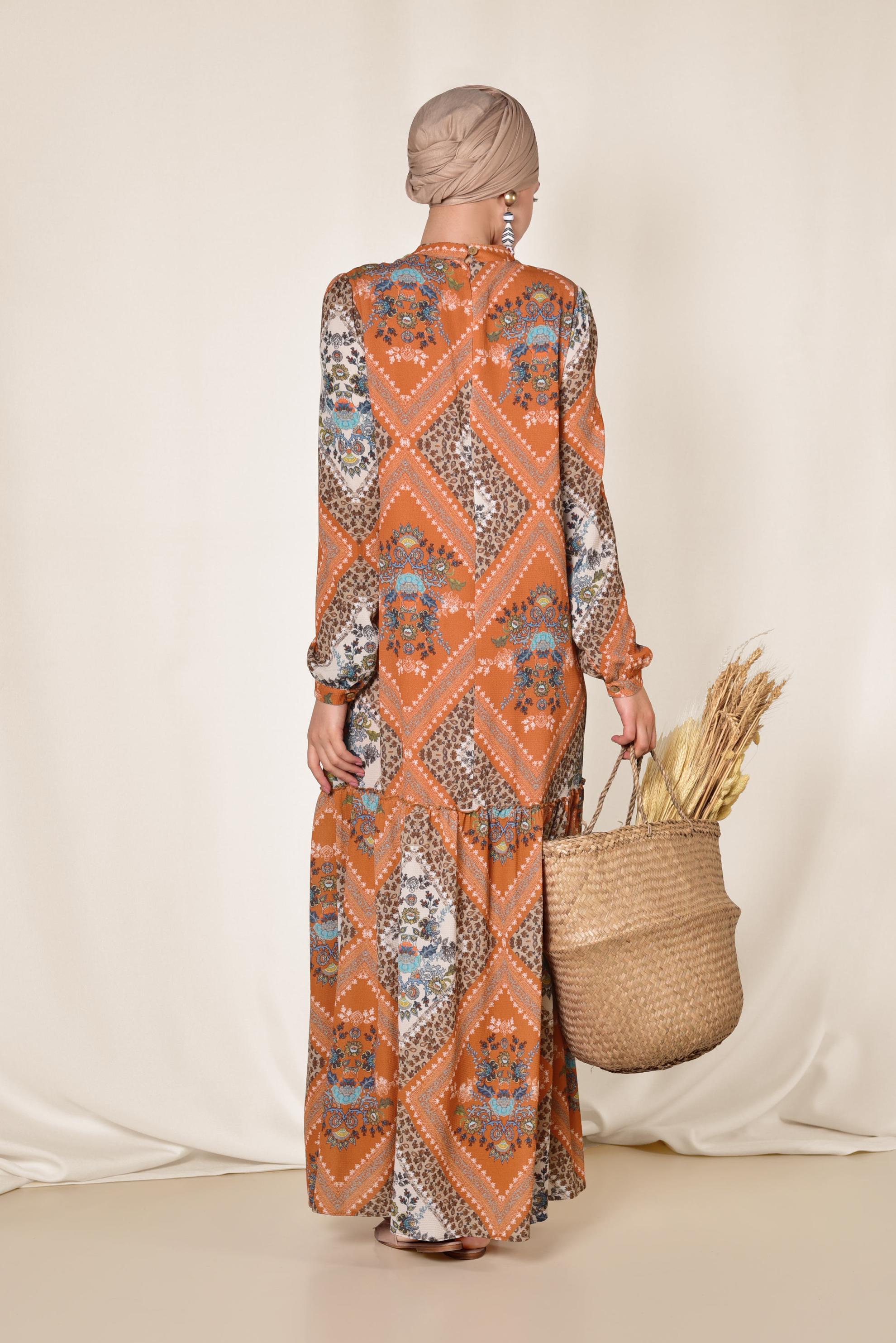 Tesettür giyim TURUNCU YAKASI BAĞLAMALI DESENLİ ELBİSE 4085