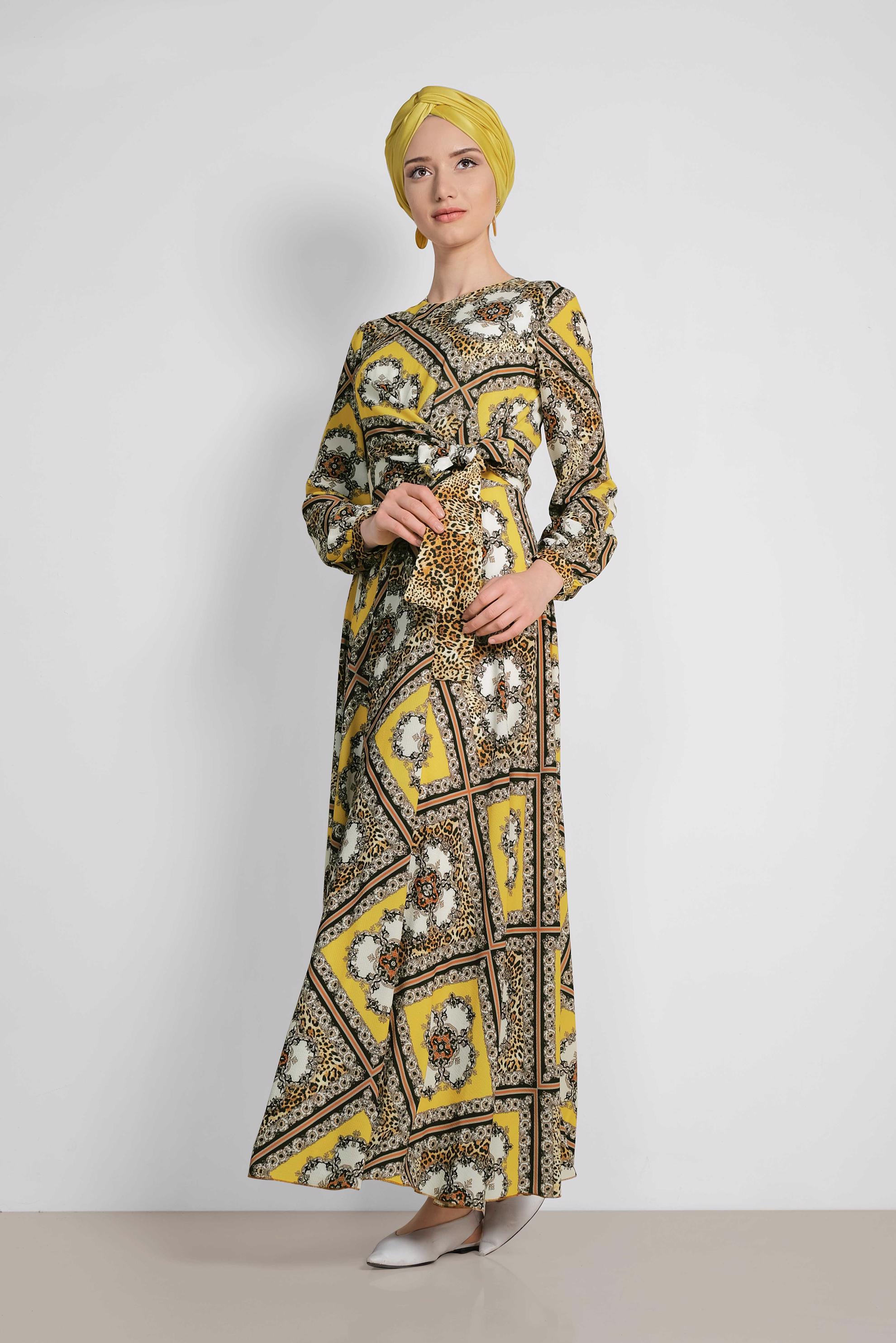 Tesettür giyim SARI ETEĞİ VOLANLI DESENLİ ELBİSE 4087
