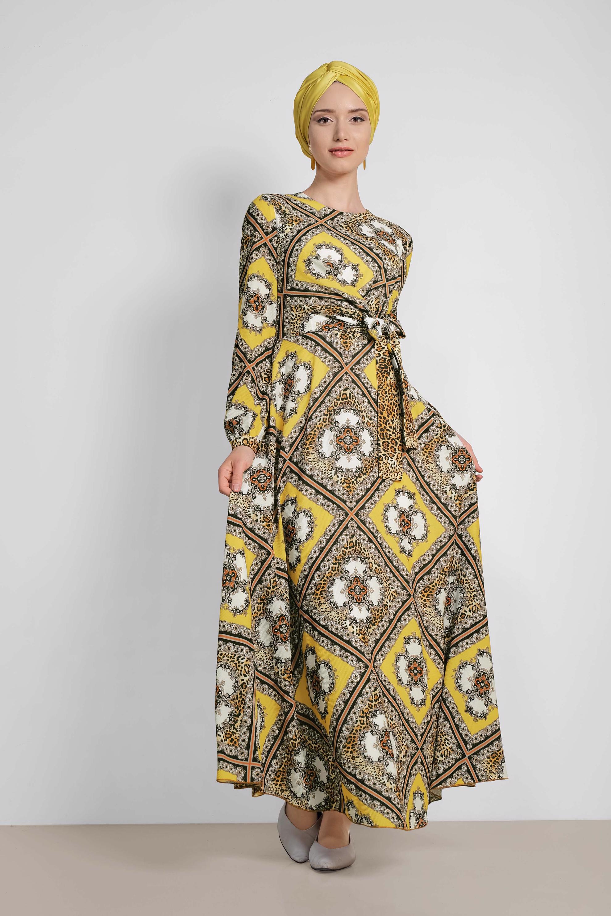 Tesettür giyim SARI ETEĞİ VOLANLI DESENLİ ELBİSE 4087