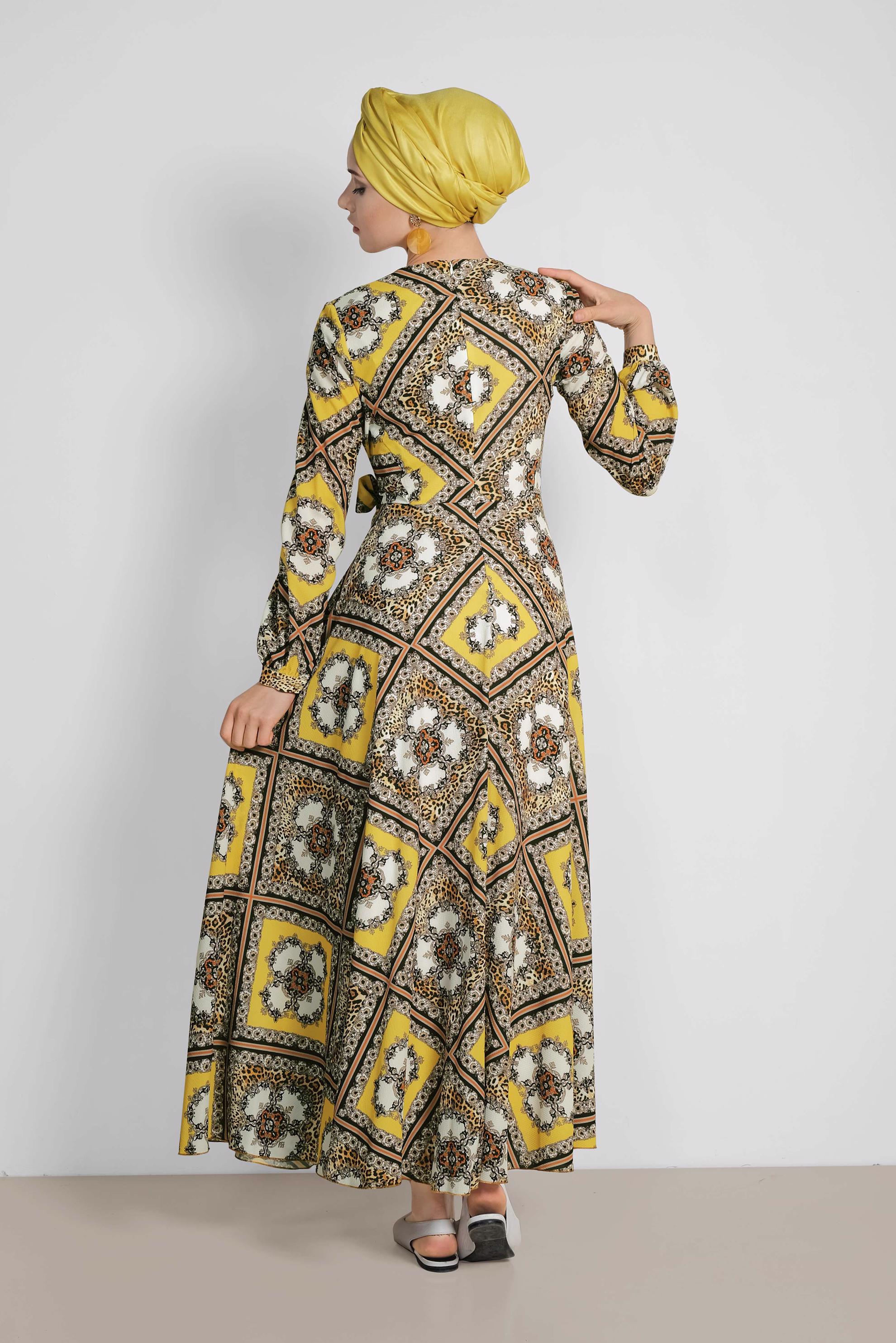 Tesettür giyim SARI ETEĞİ VOLANLI DESENLİ ELBİSE 4087