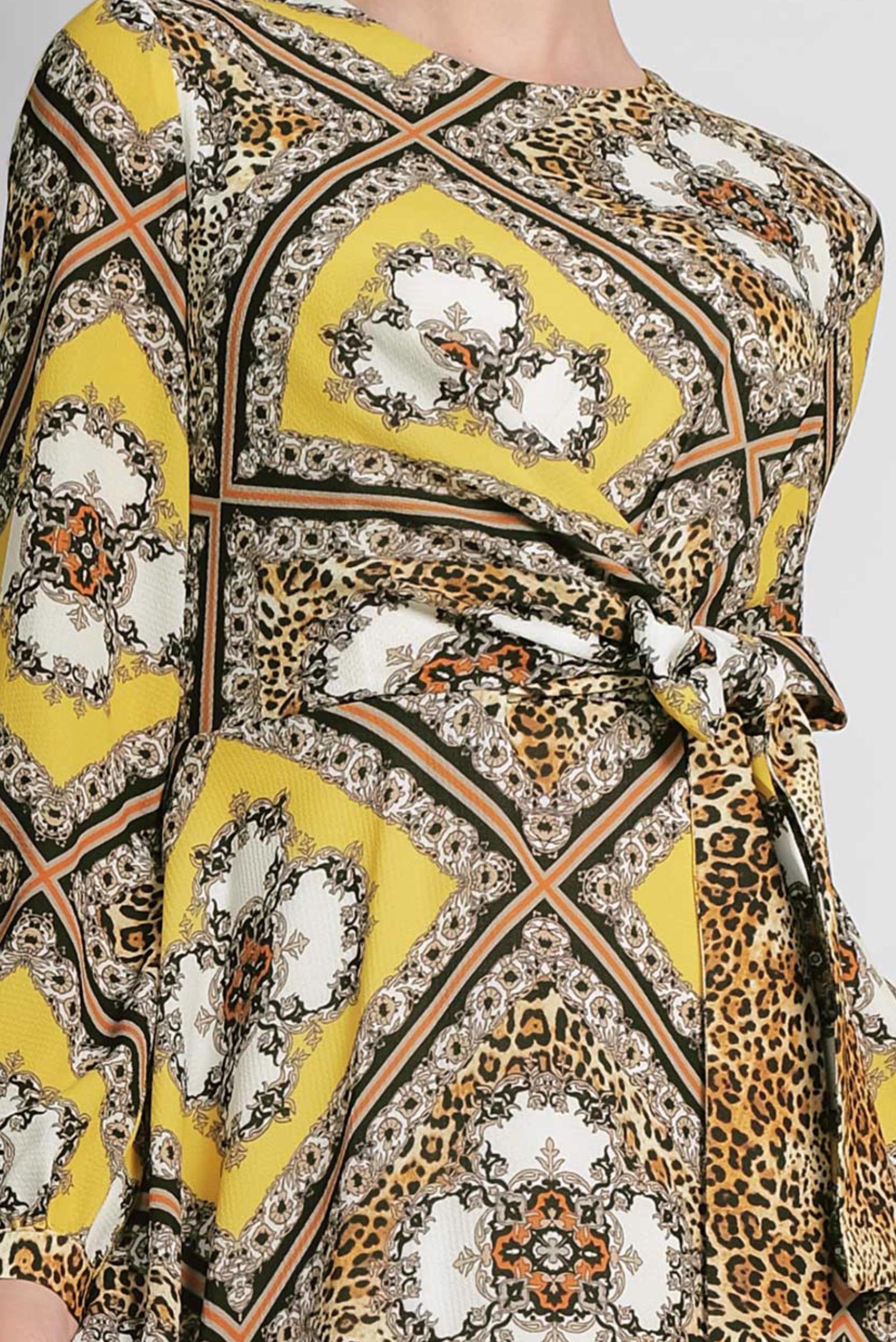 Tesettür giyim SARI ETEĞİ VOLANLI DESENLİ ELBİSE 4087