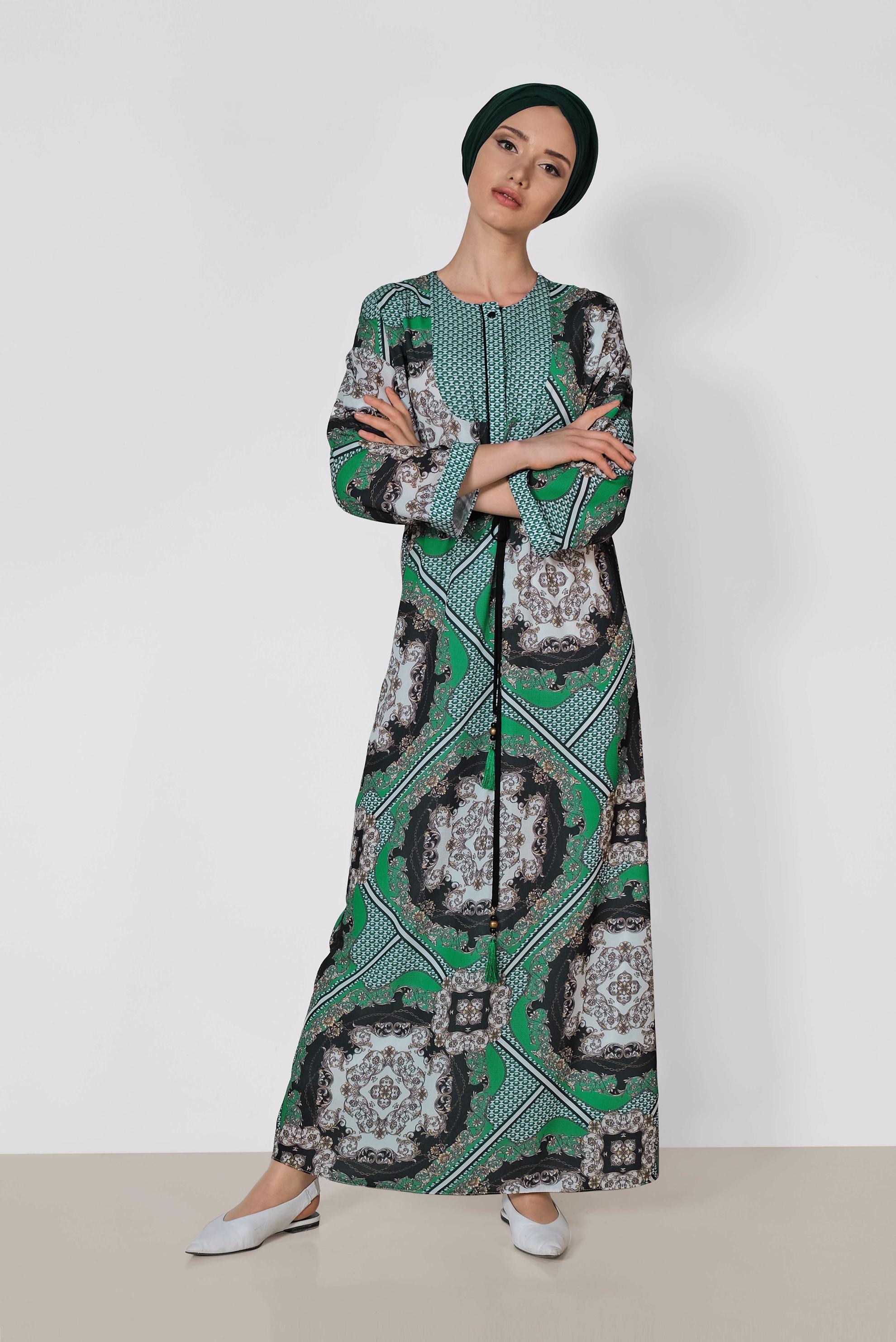 Hijab clothing GREEN SMOCKING PATTERNED DRESS 4107 